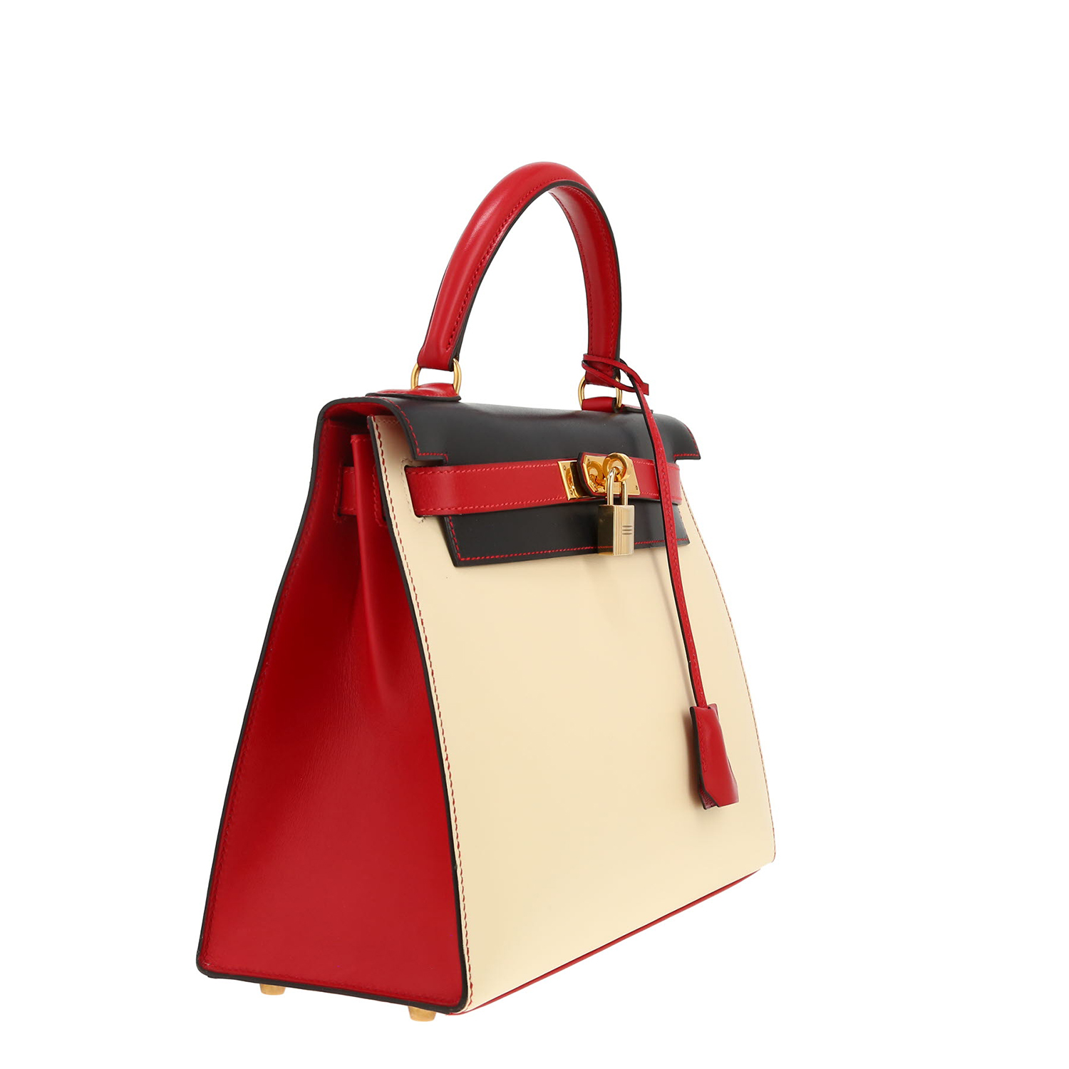 Hermès  Kelly 28 cm handbag  in cream color, blue and red tricolor  box leather