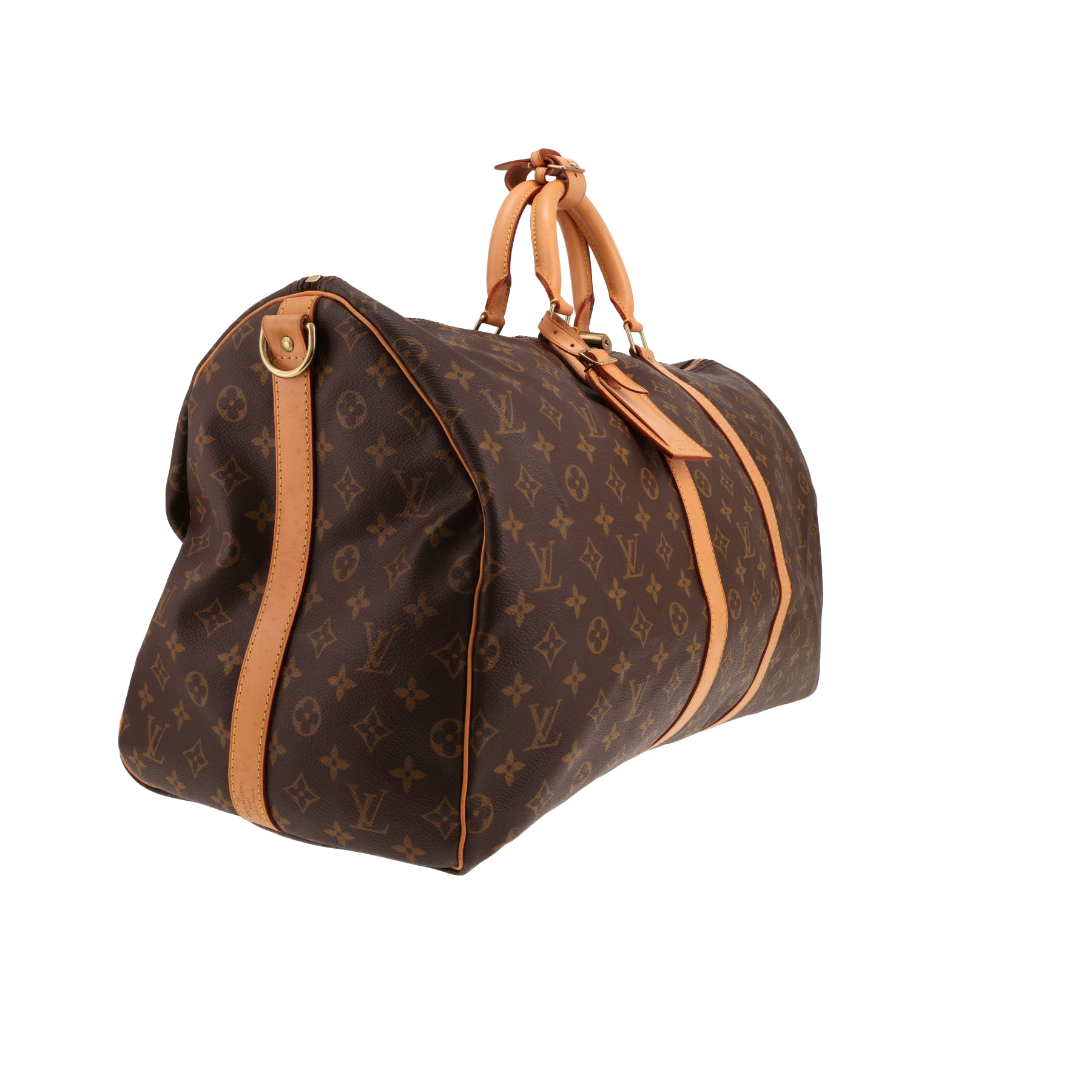 Borsa da viaggio Louis Vuitton Keepall 55 in tela Monogram marrone e pelle naturale
