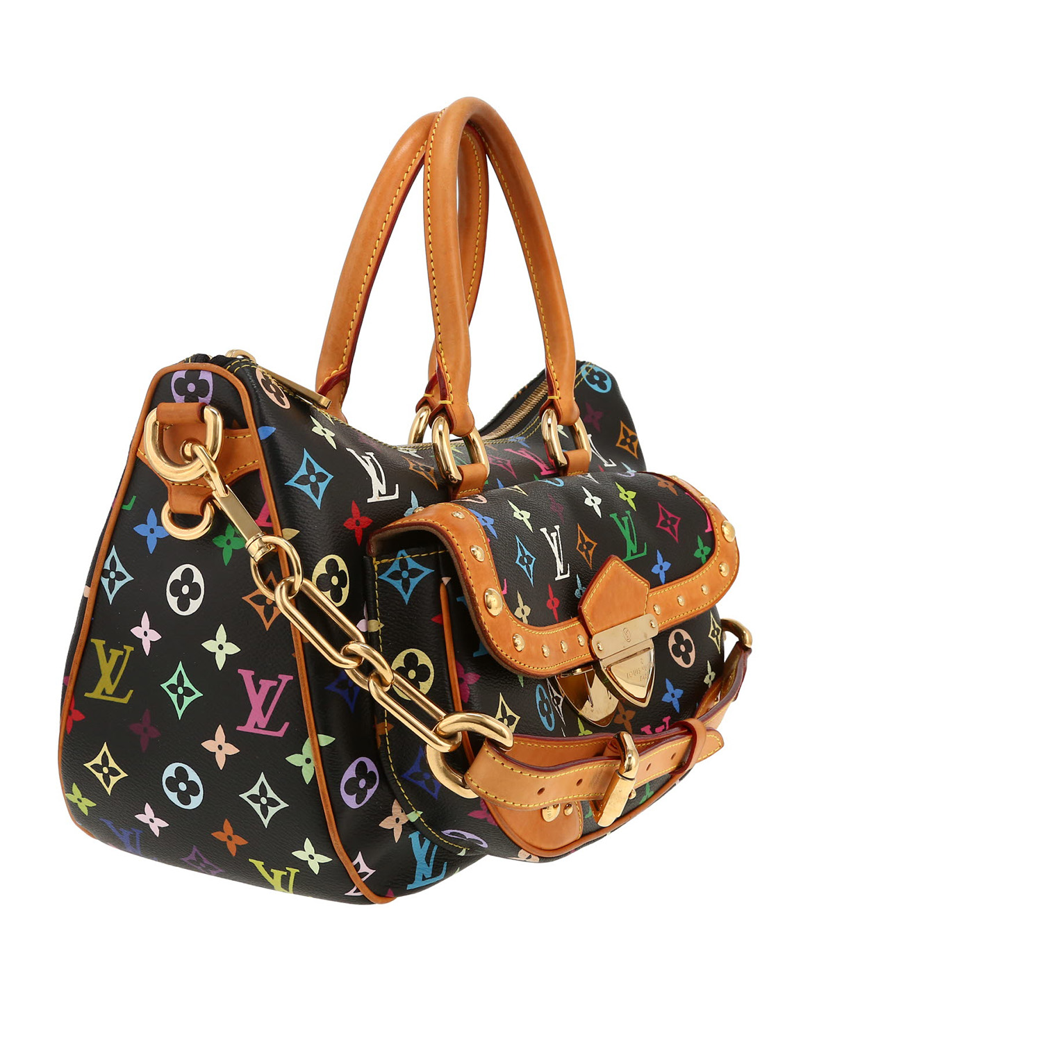 Borsa da spalla o a mano Louis Vuitton  Rita in tela monogram cerata multicolore nera e pelle naturale