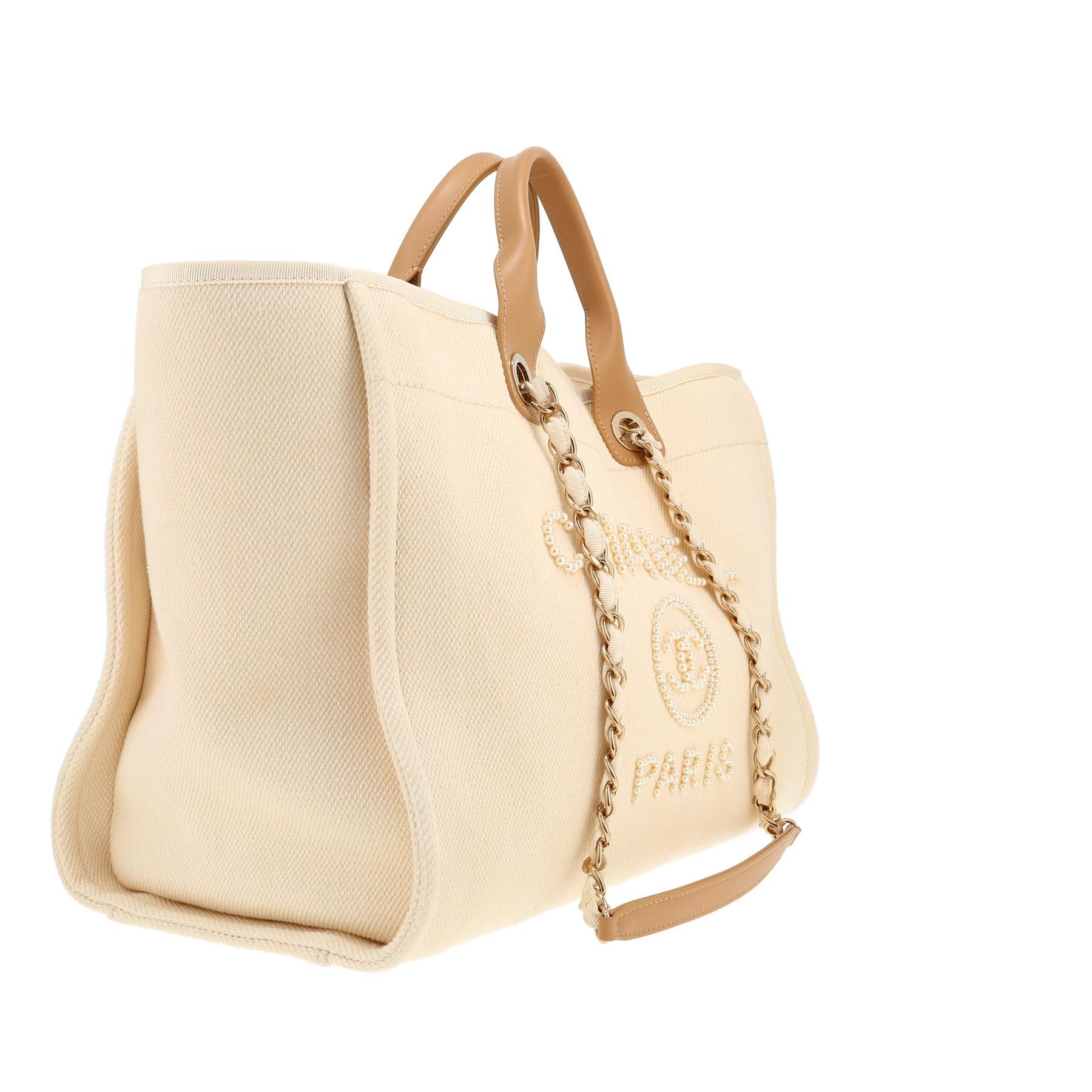 Sac cabas Chanel  Deauville en toile écrue et cuir beige