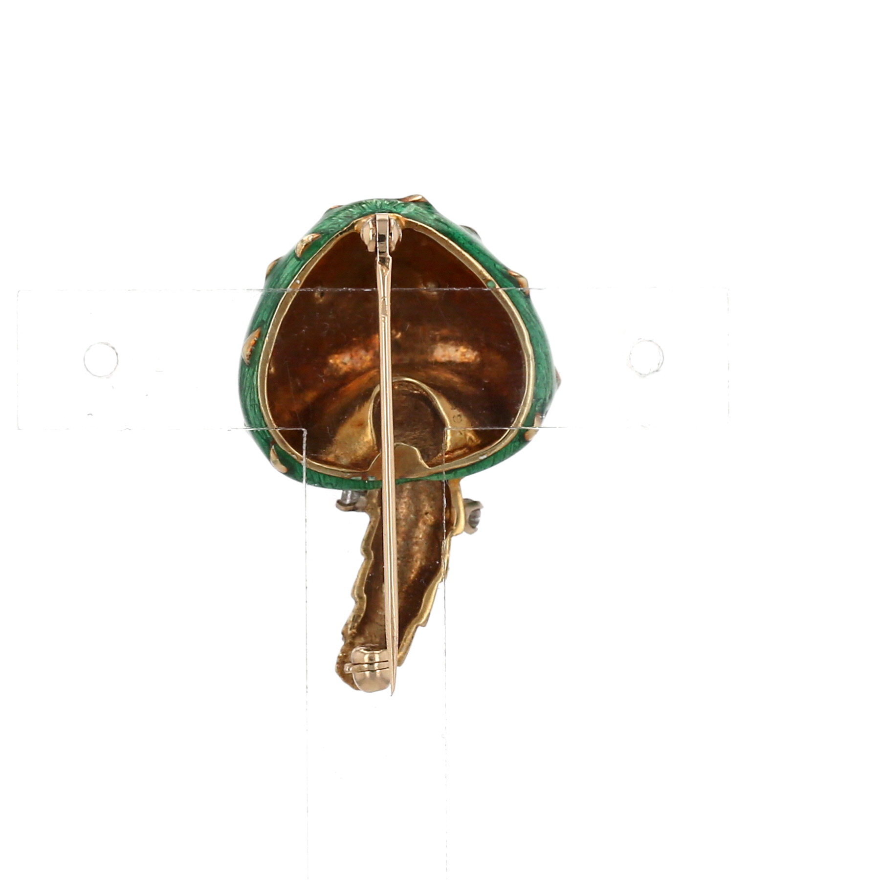 Vintage small model mushroom brooch in 14 carats yellow gold, enamel and diamonds