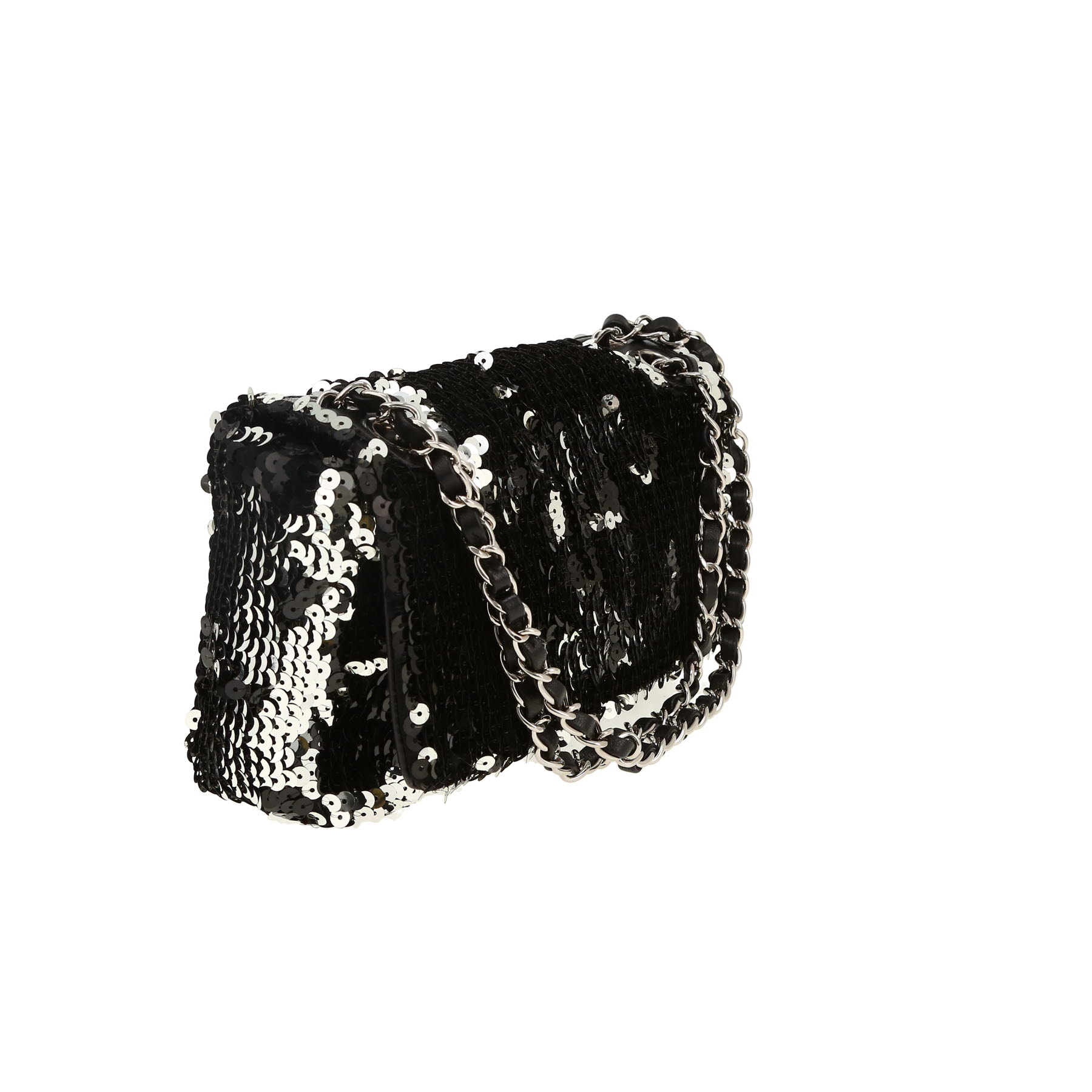 Chanel  Baguette handbag  in black and silver paillette  and black leather