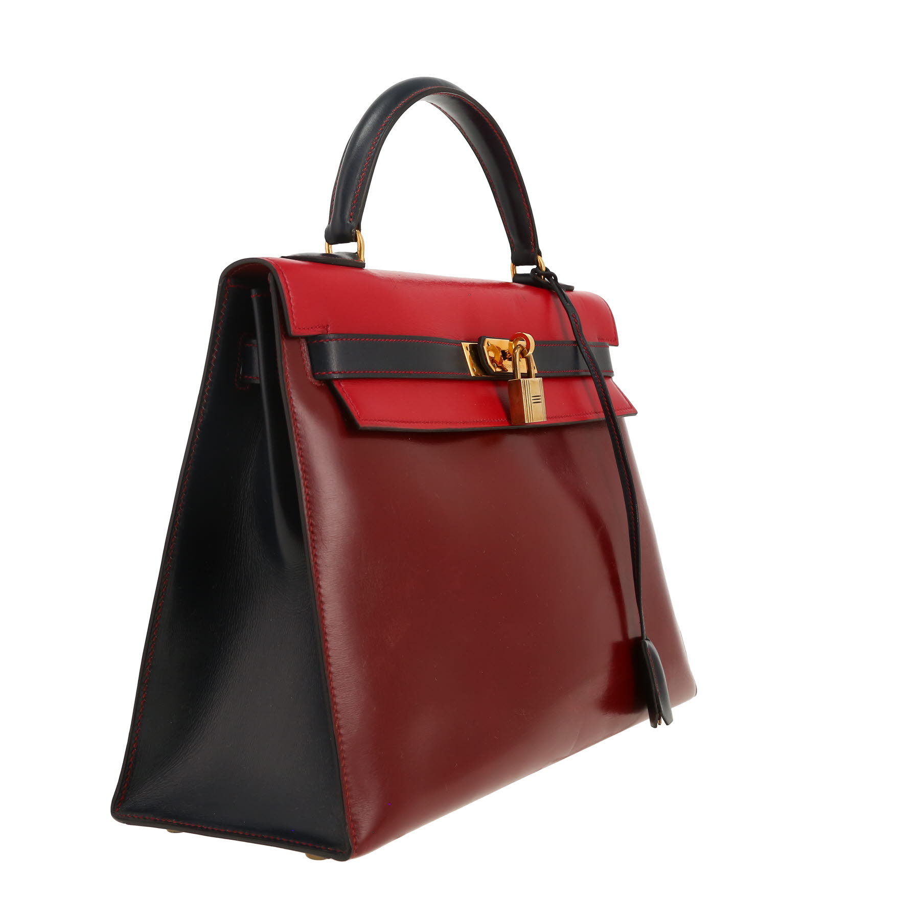 Sac à main Hermès  Kelly 32 cm en cuir box rouge, bleu-marine et bordeaux