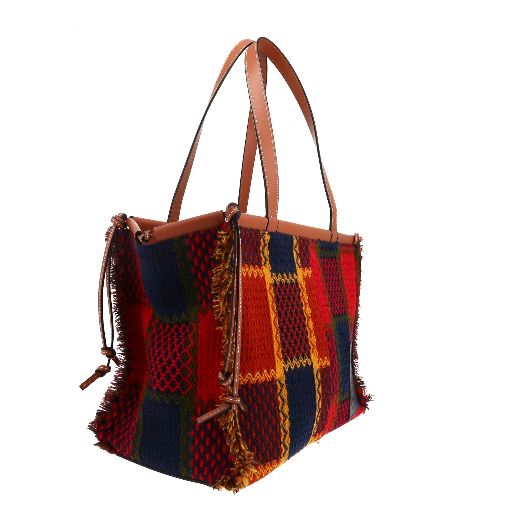 Loewe  Cushion shopping bag in red and blue Tartan woollen fabric  and brown leather