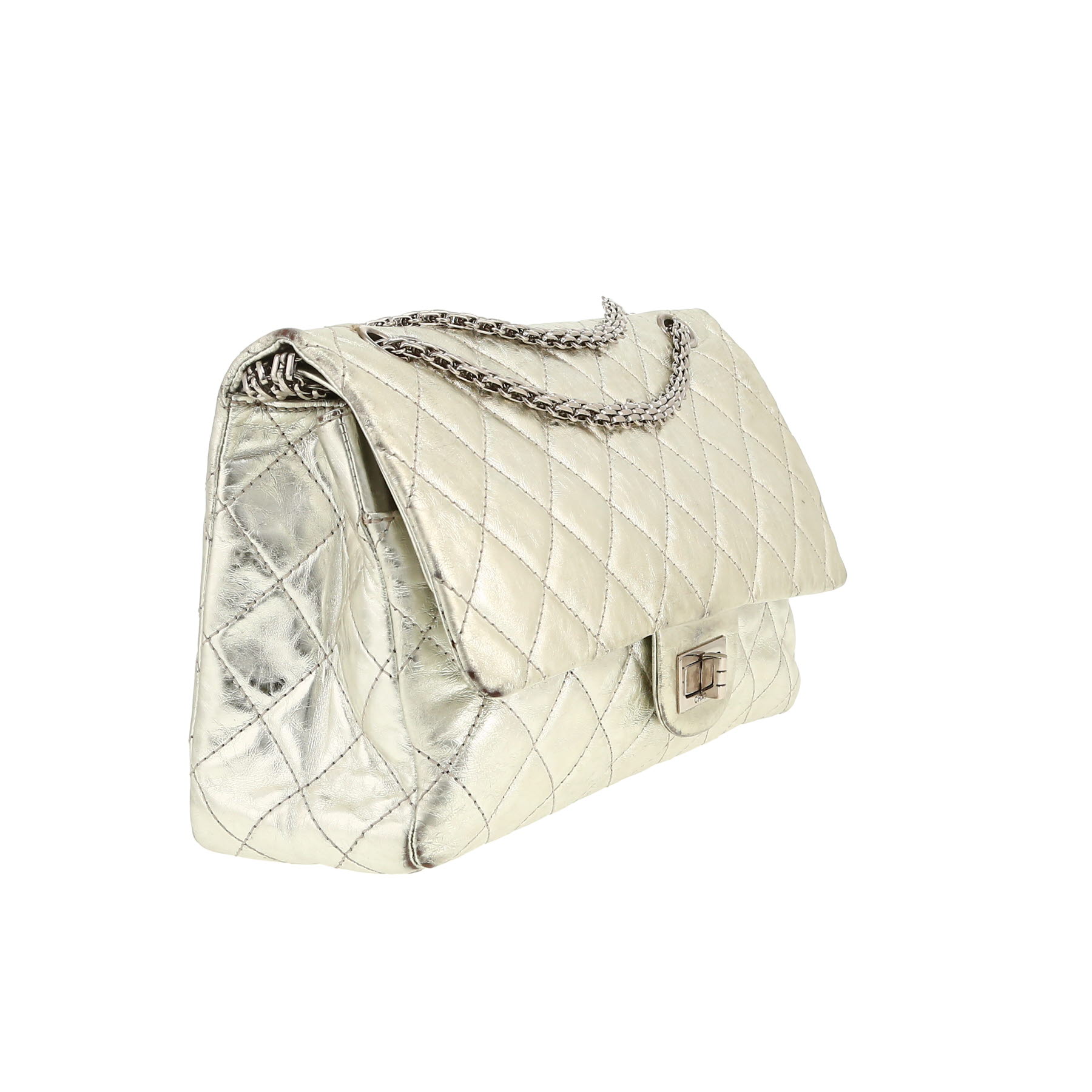 Sac bandoulière Chanel 2.55 en cuir matelassé argenté