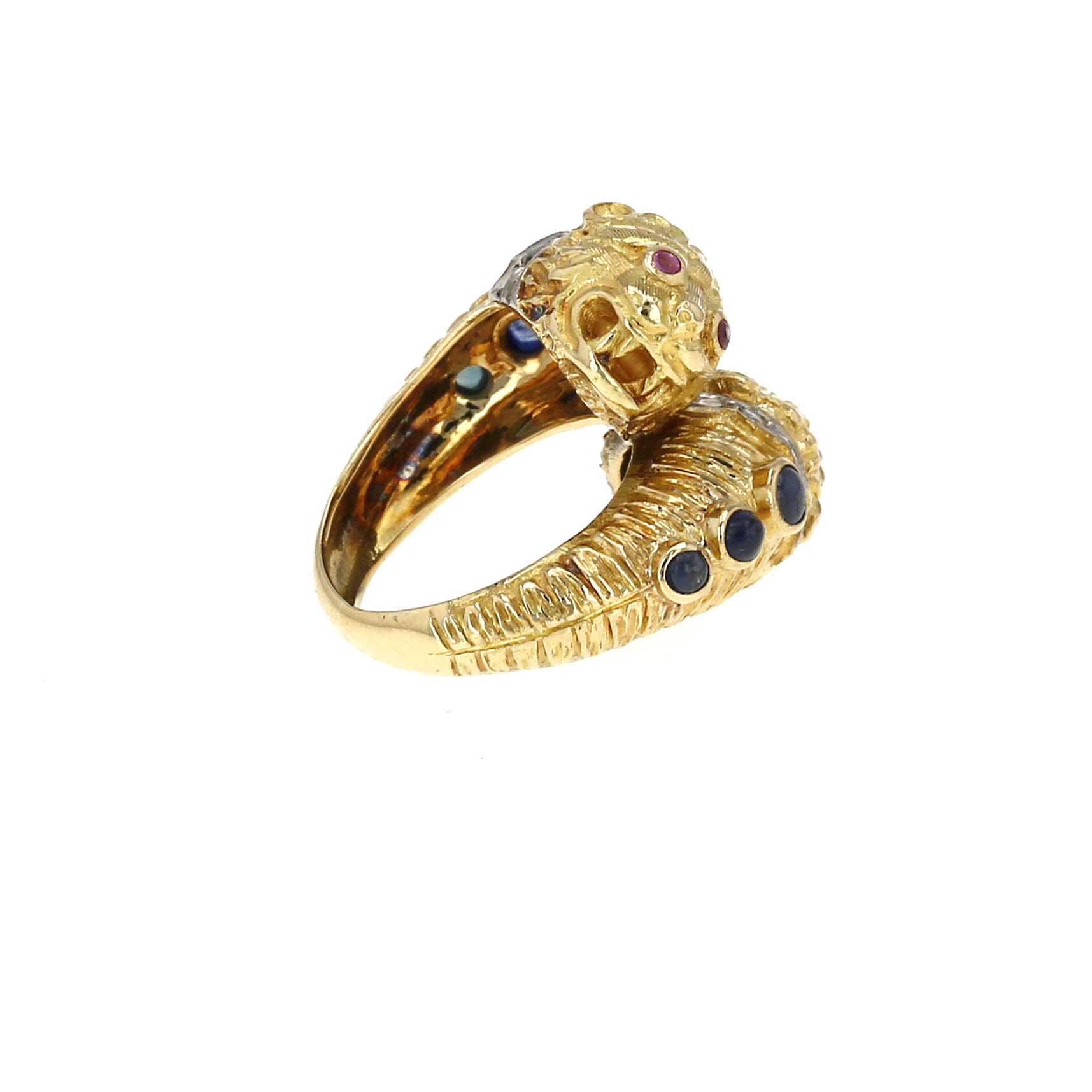 Lalaounis Animal Head ring in yellow gold, sapphires and diamonds