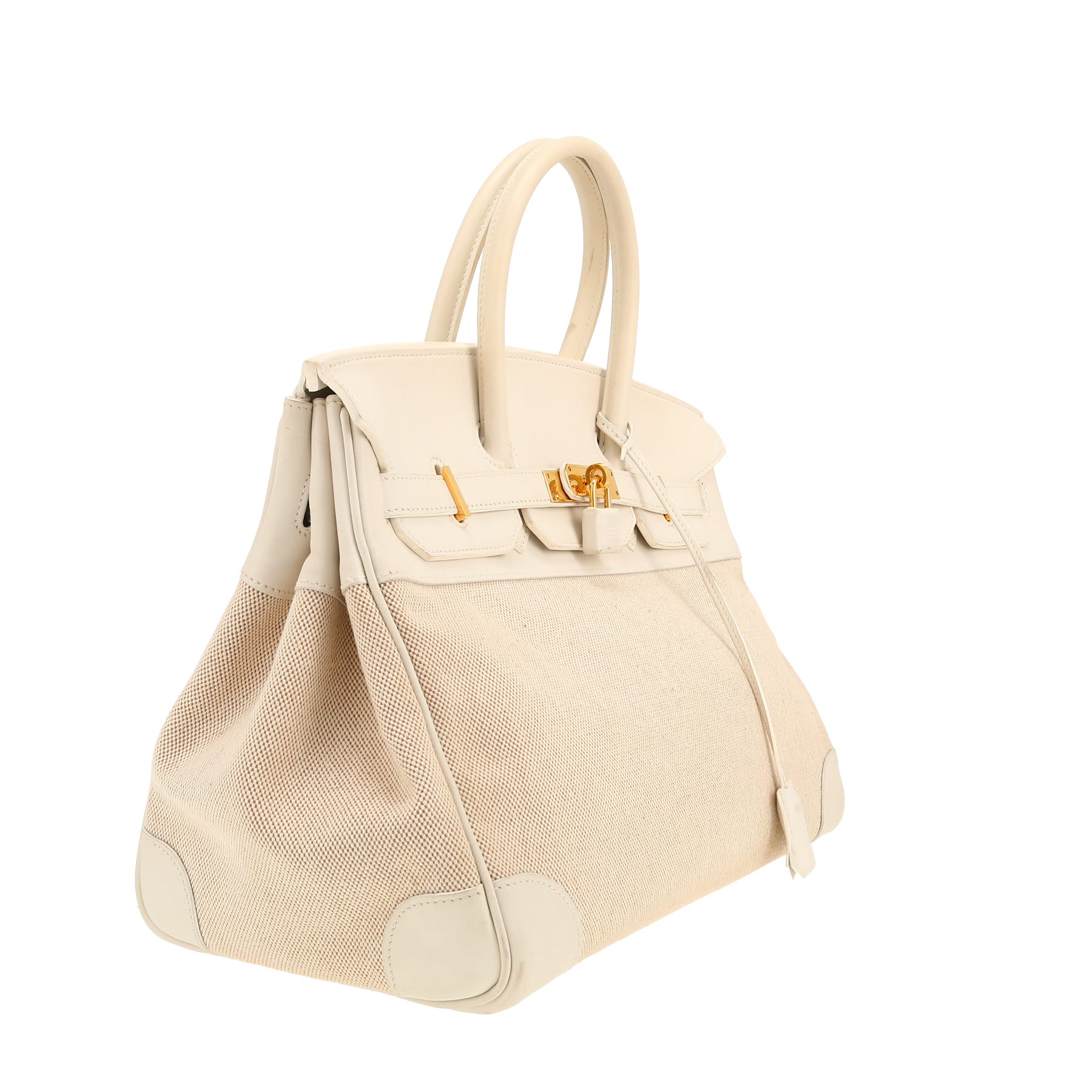 Hermès  Birkin 35 cm handbag  in white leather  and beige canvas