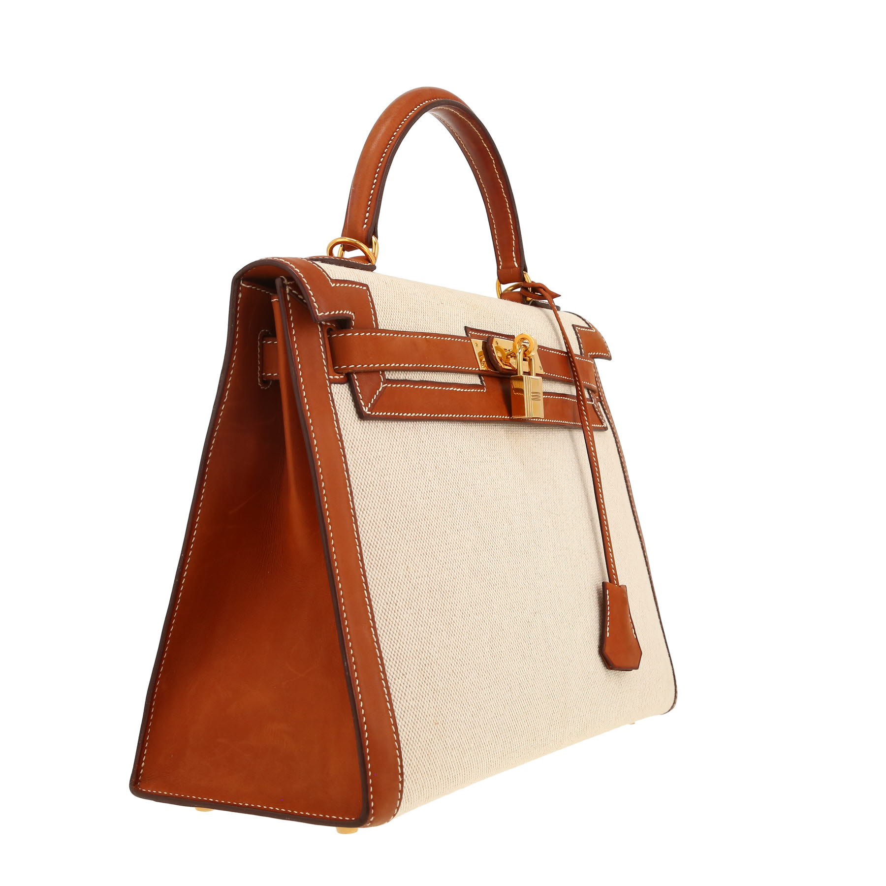 Hermès  Kelly 32 cm handbag  in gold Barenia leather  and beige canvas