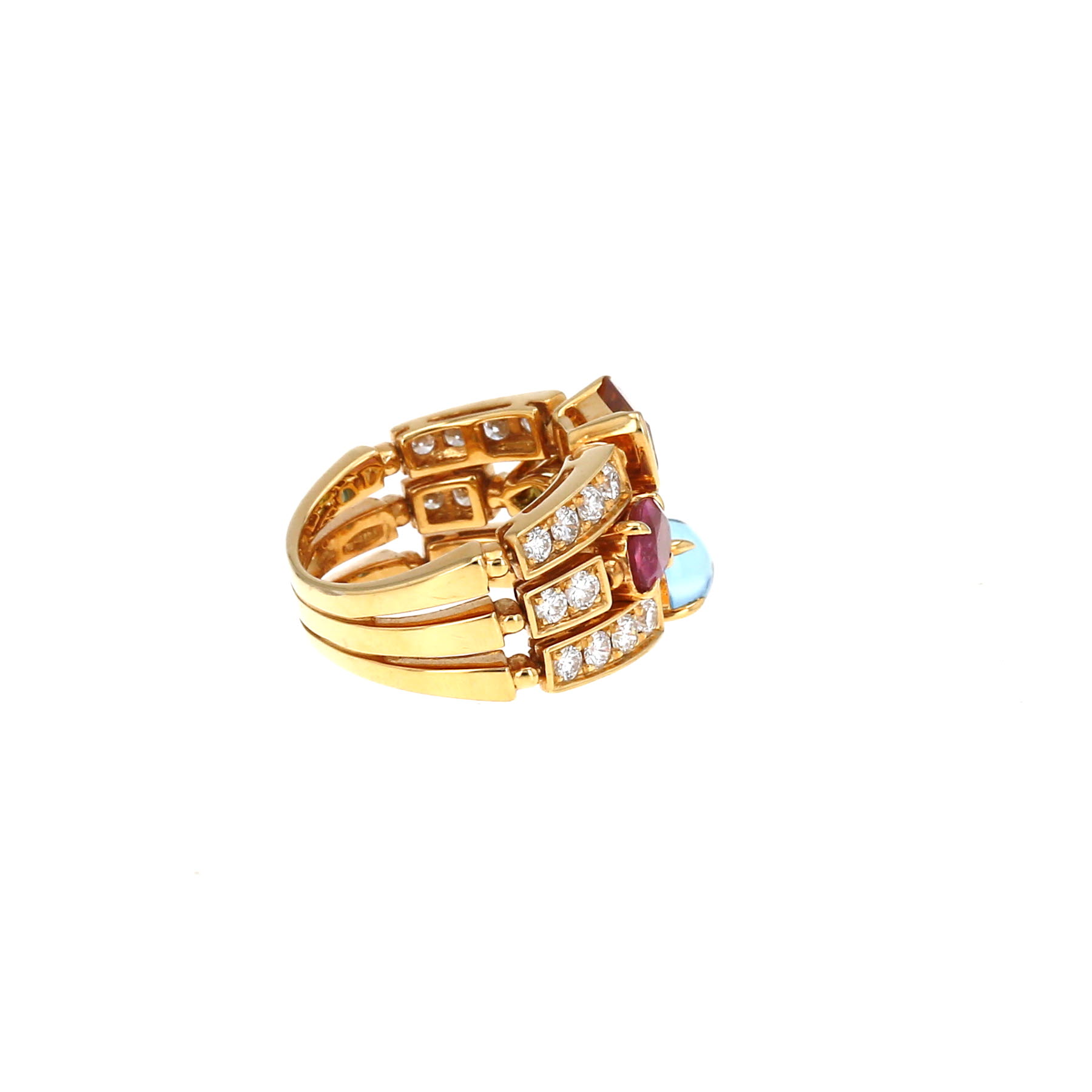 Articulated Bulgari Allegra large model ring in yellow gold, diamonds and colored stones
