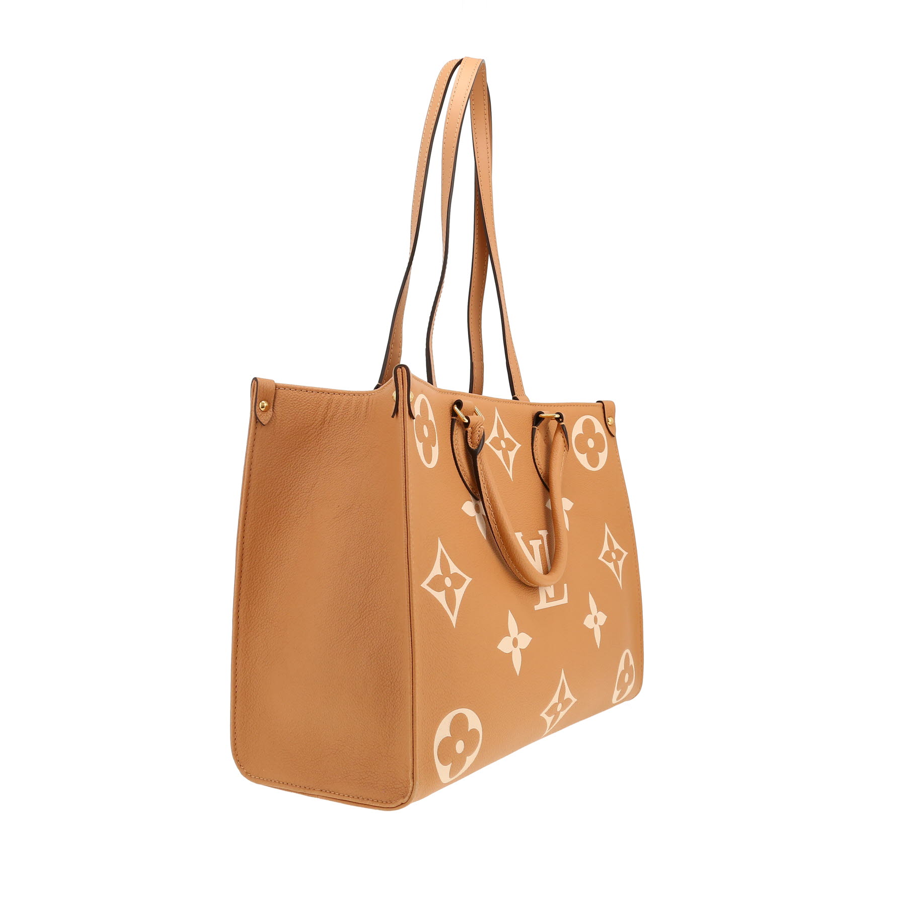 Shopping bag Louis Vuitton  Onthego in pelle monogram con stampa bicolore beige