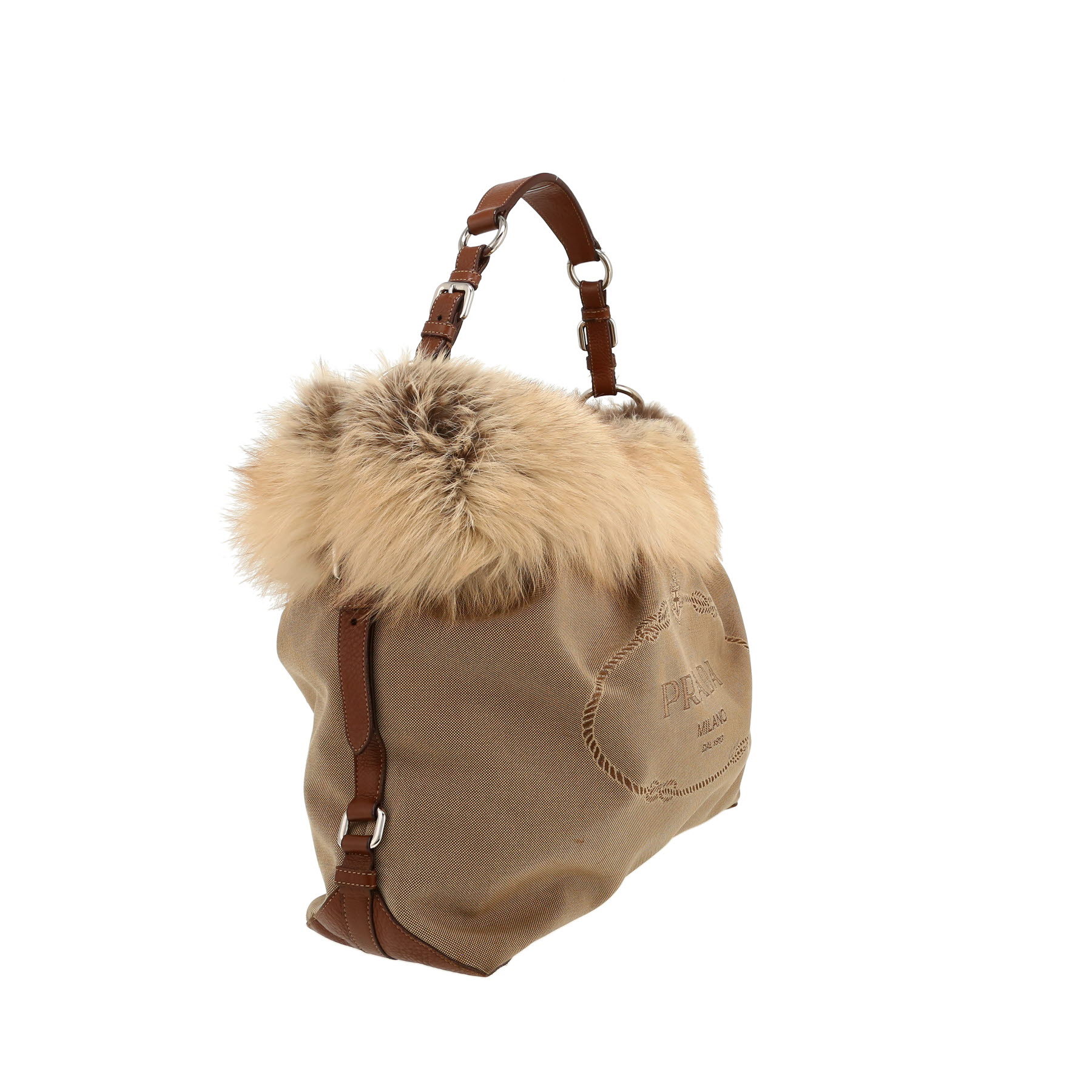 Prada   handbag  in beige canvas  and beige synthetic furr