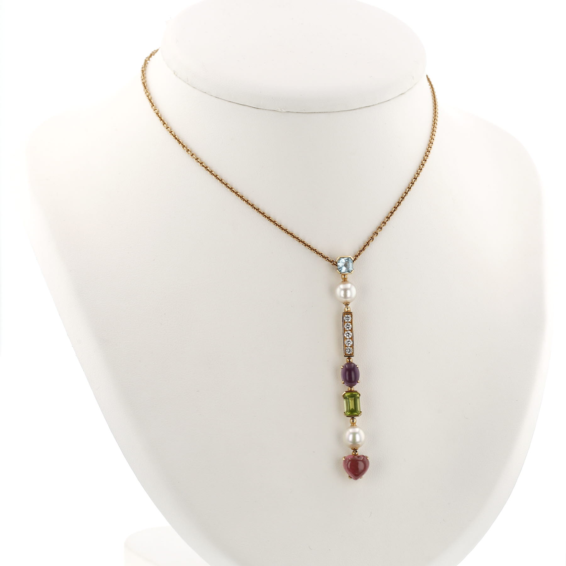 Articulated Bulgari Allegra necklace in yellow gold,  diamonds and colored stones and in pearls