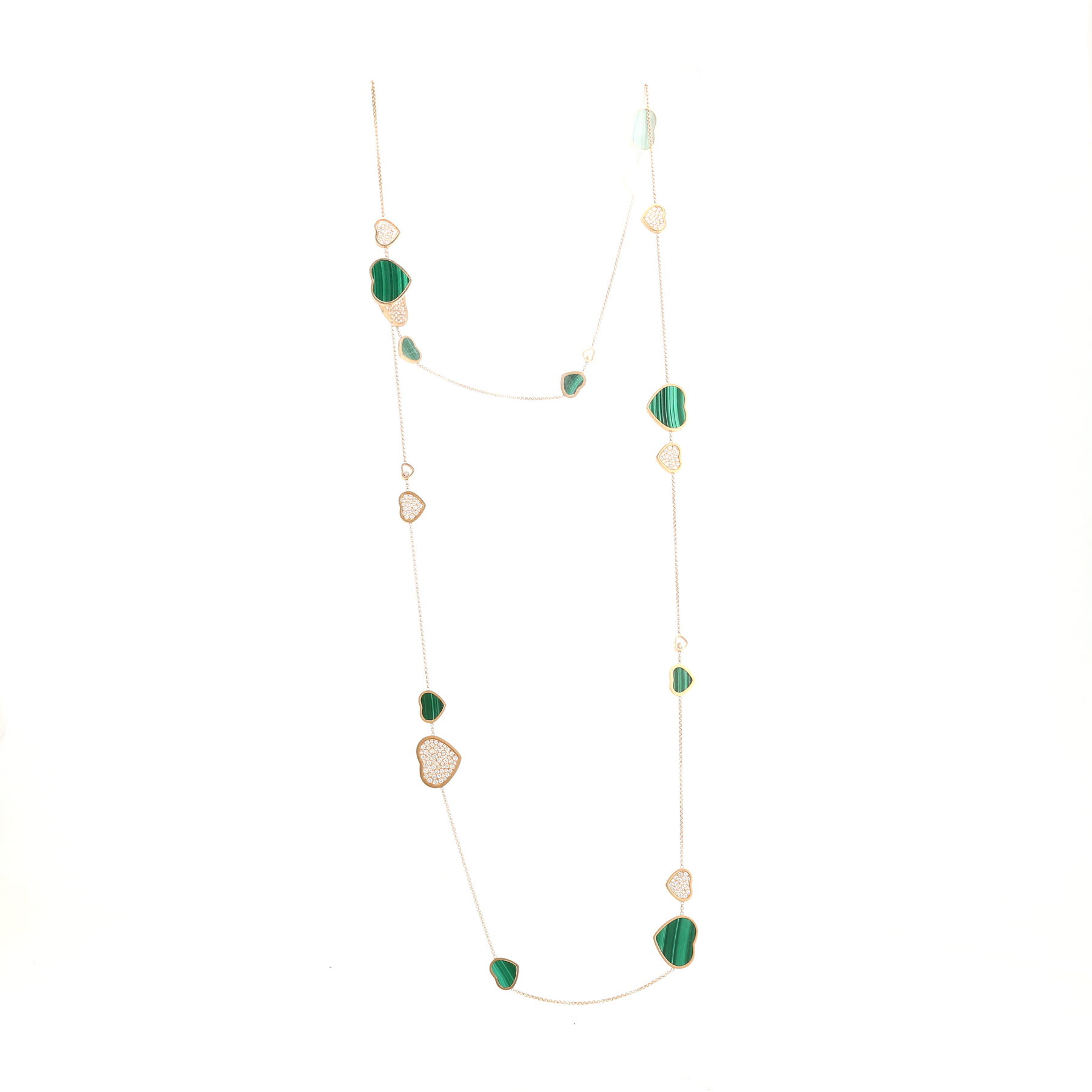 Chopard Happy Hearts long necklace in pink gold, diamonds and malachite