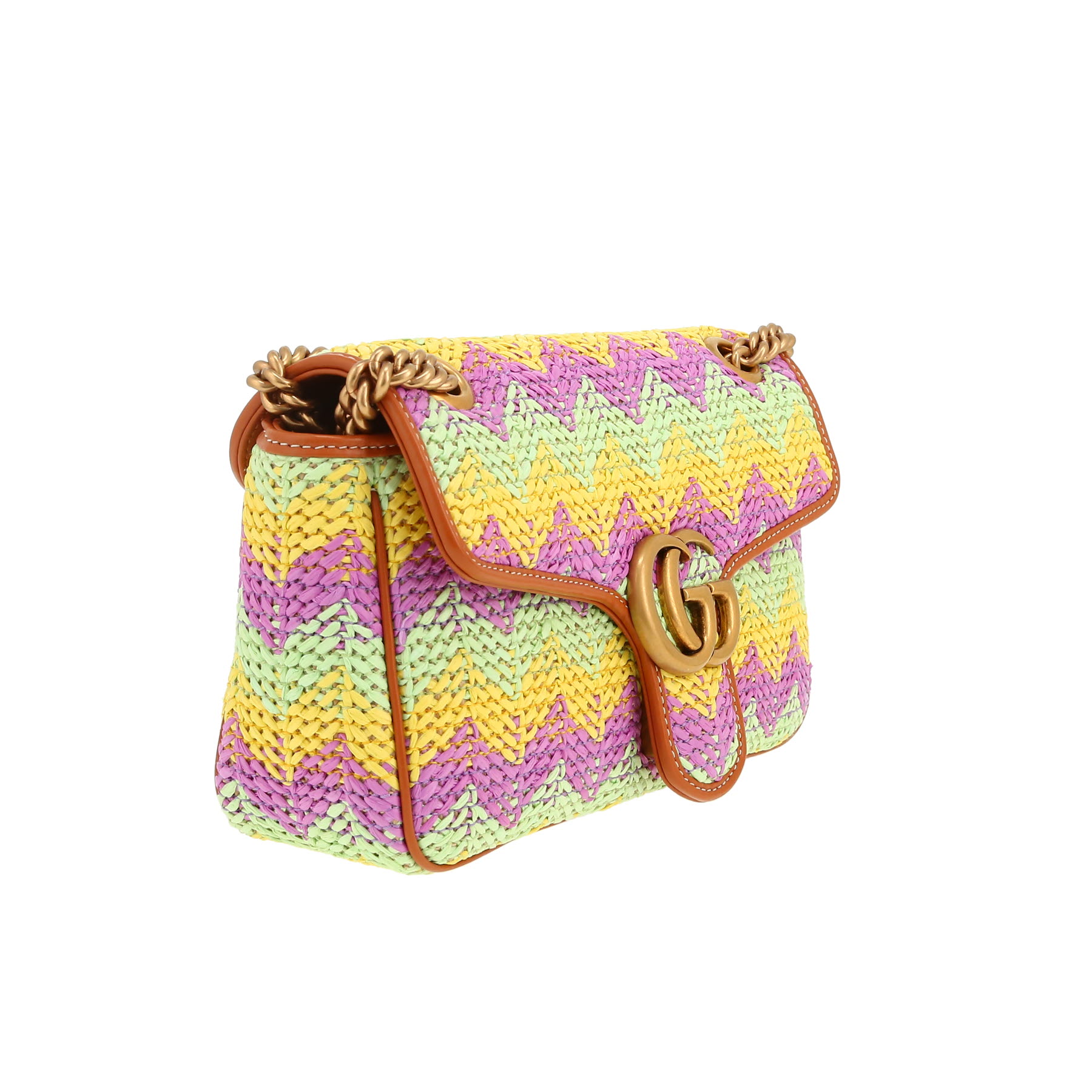 Borsa Gucci  GG Marmont in rafia gialla verde e viola e pelle marrone