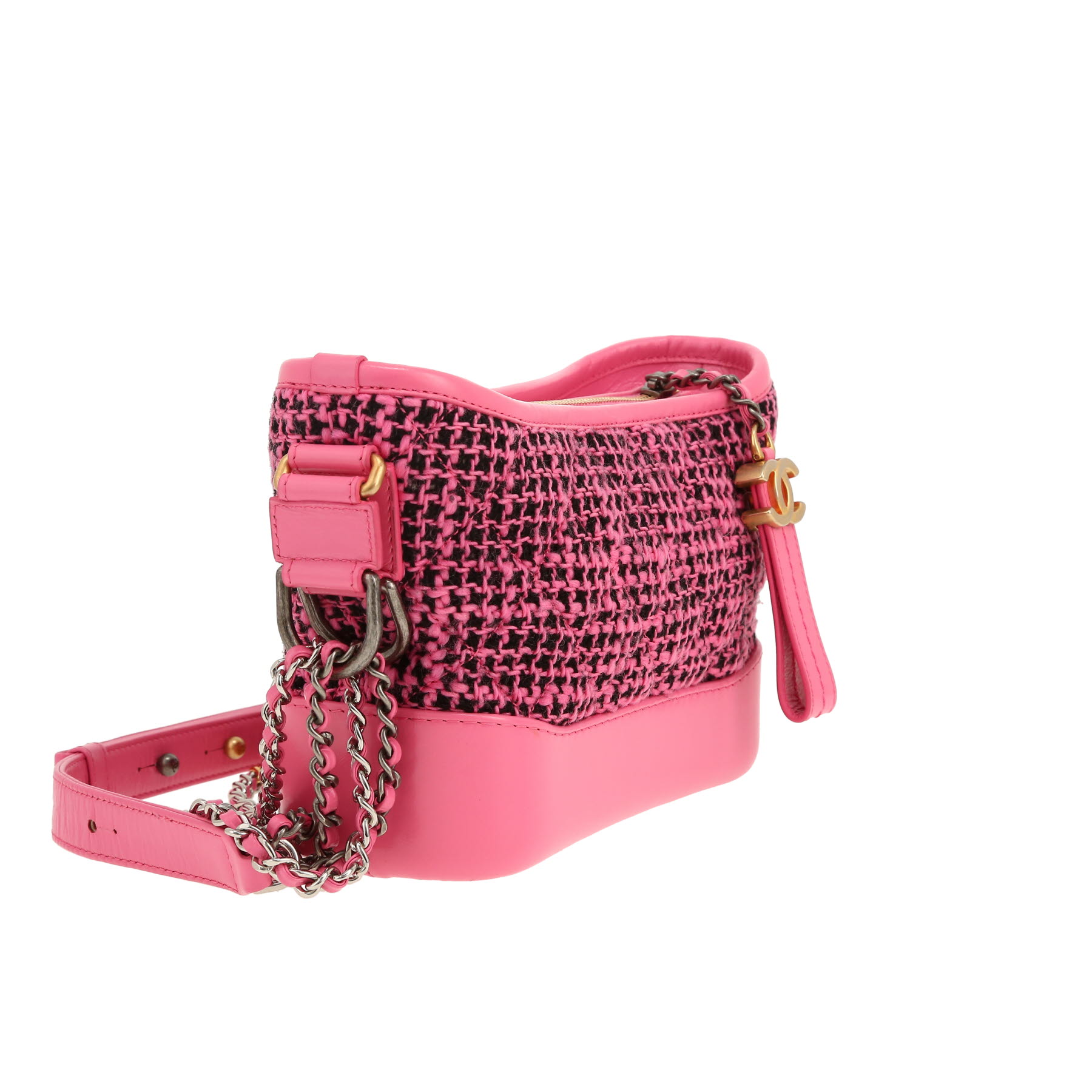 Chanel  Gabrielle  small model  shoulder bag  in pink and black tweed  and pink leather