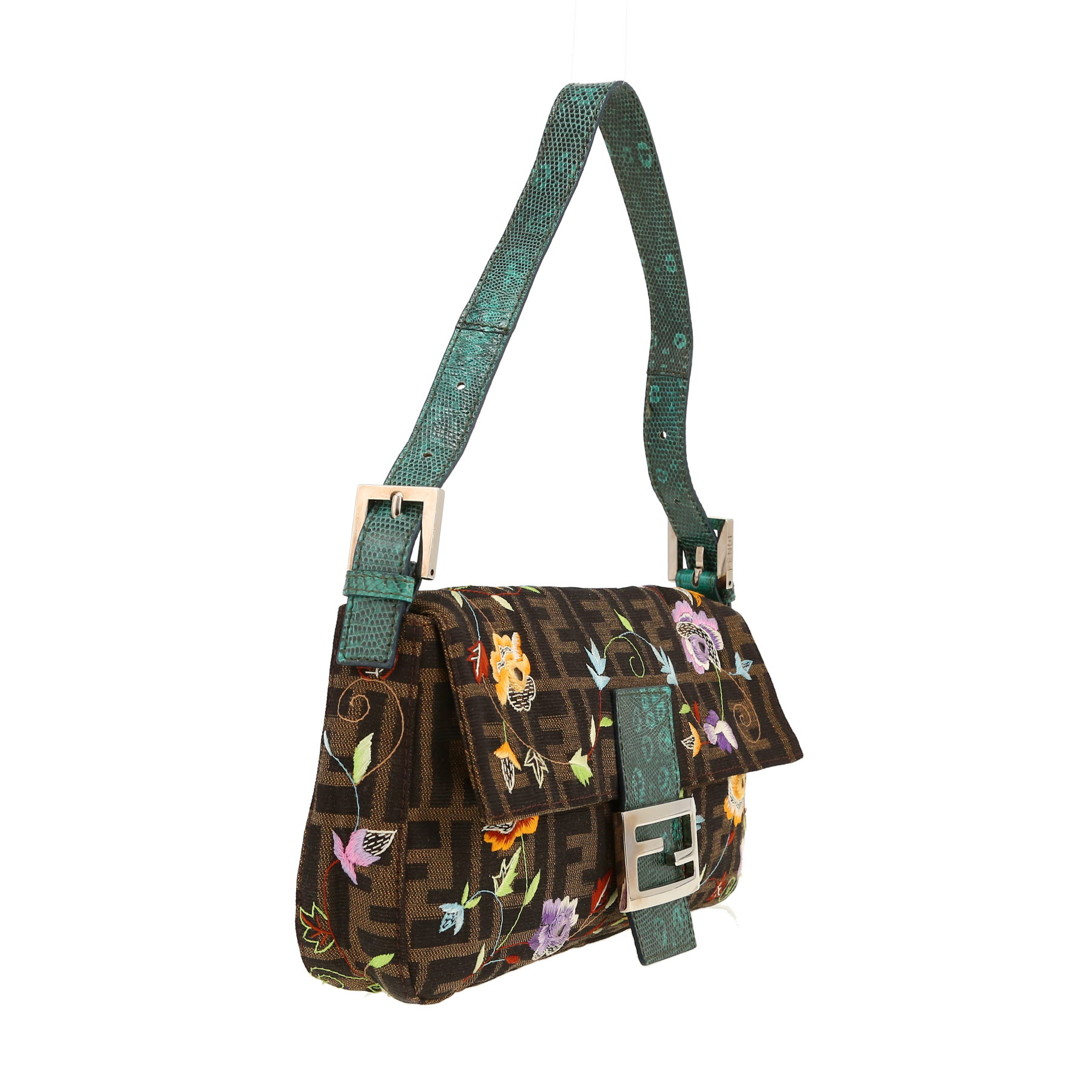 Sac à main Fendi  Baguette en toile siglée marron et lézard vert