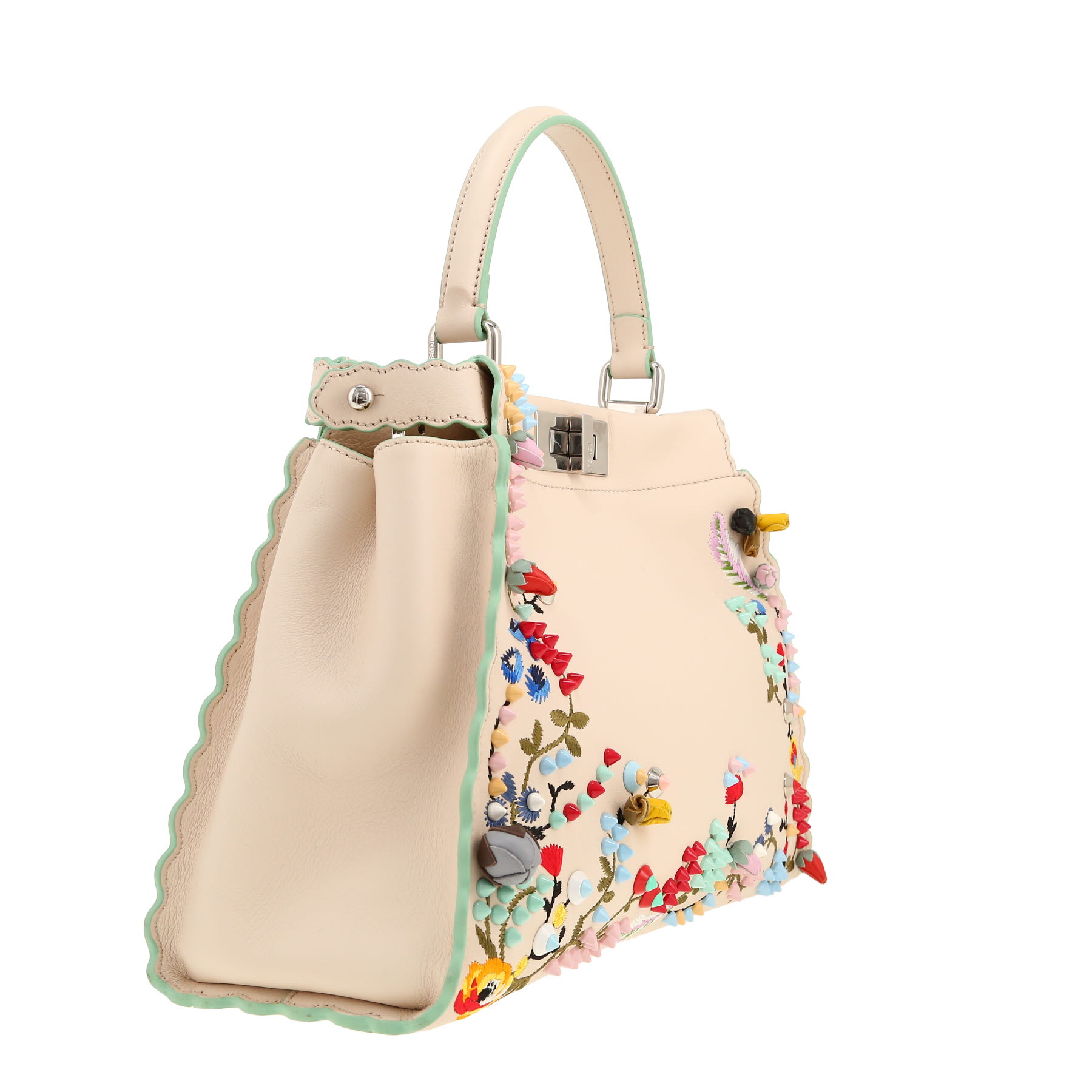 Sac à main Fendi  Peekaboo en cuir crème vert-d'eau et jaune