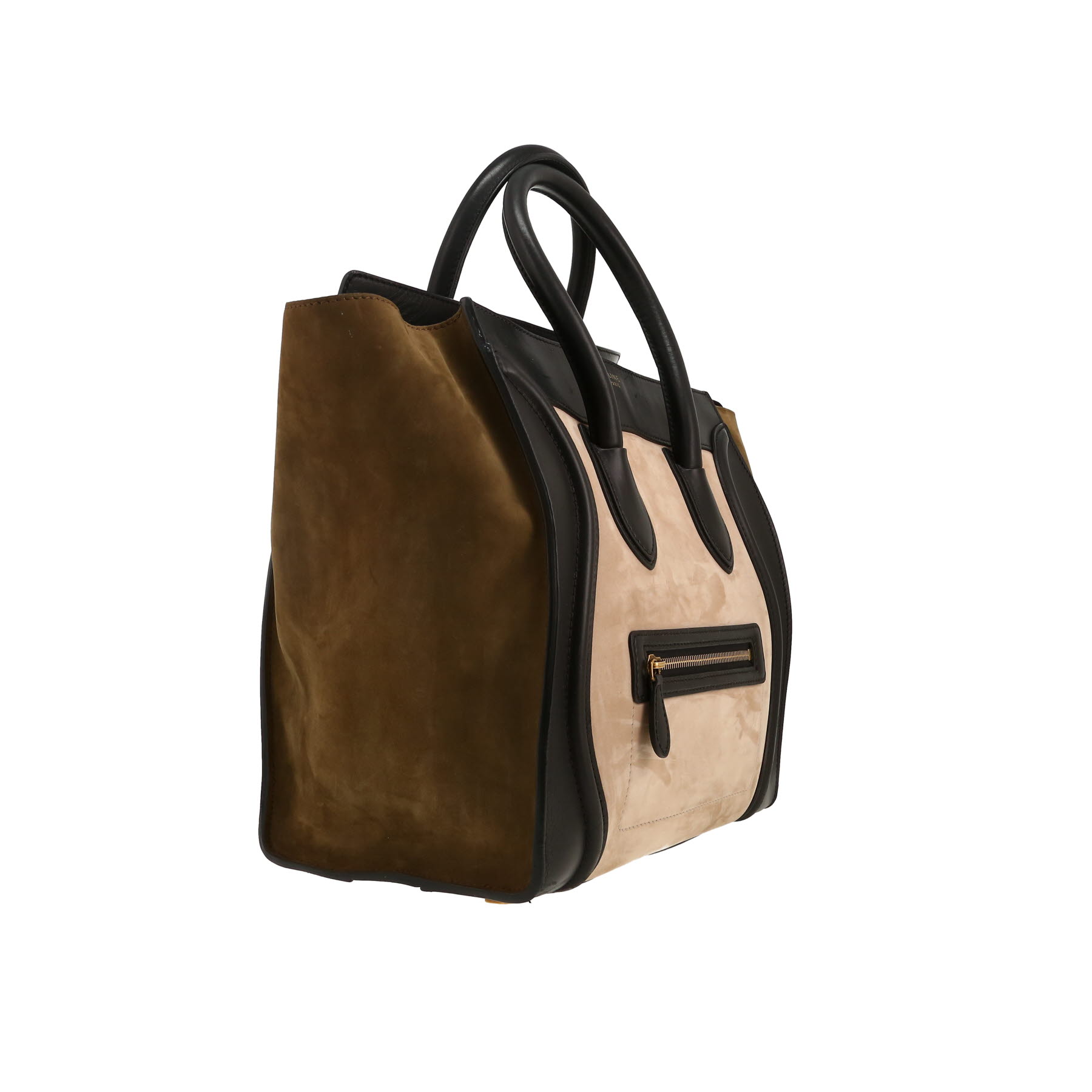 Celine  Luggage Mini handbag  in beige and khaki Veau velours  and black leather