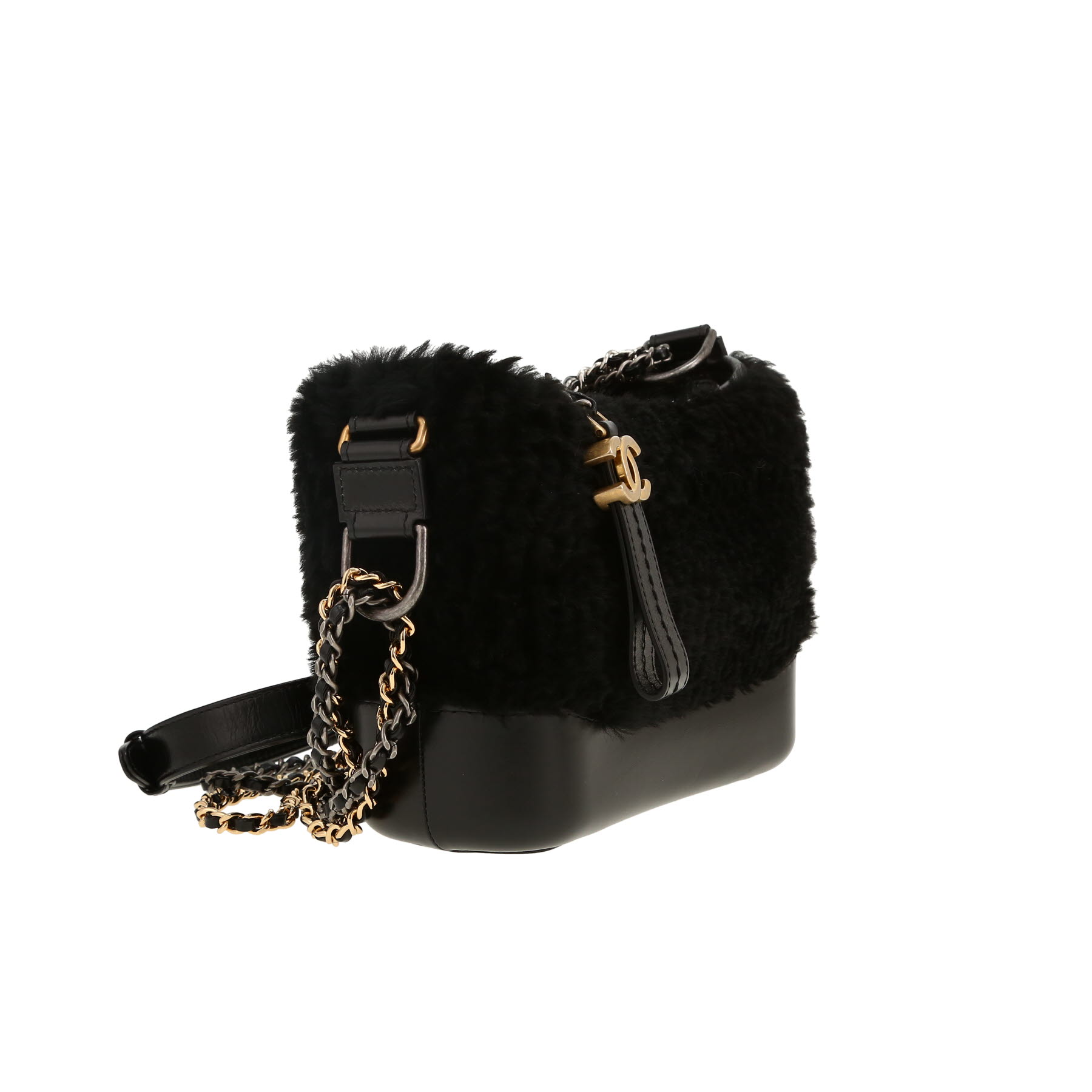 Chanel  Gabrielle  small model  shoulder bag  in black leather  and black synthetic furr
