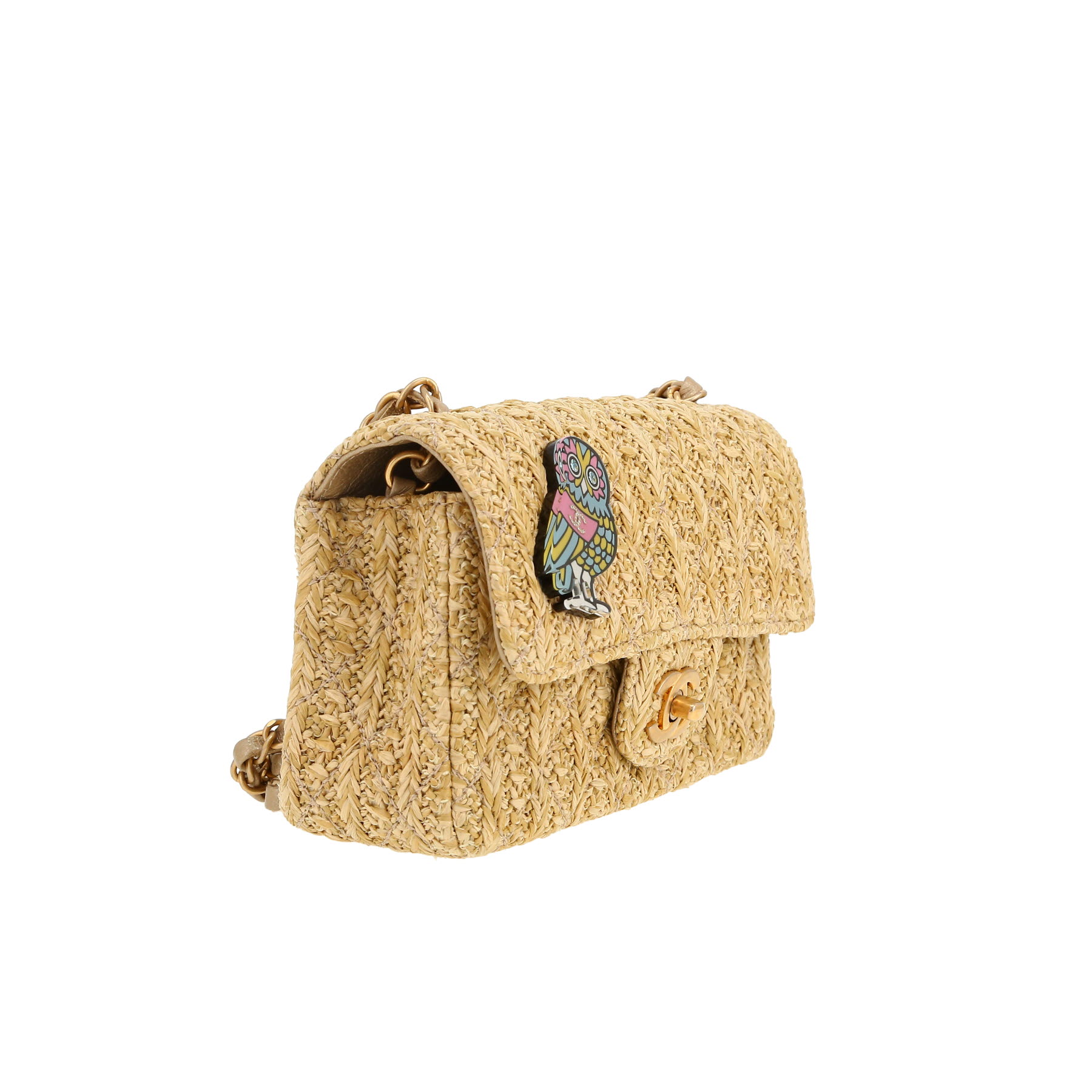 Chanel  Mini Timeless shoulder bag  in beige raphia  and gold leather