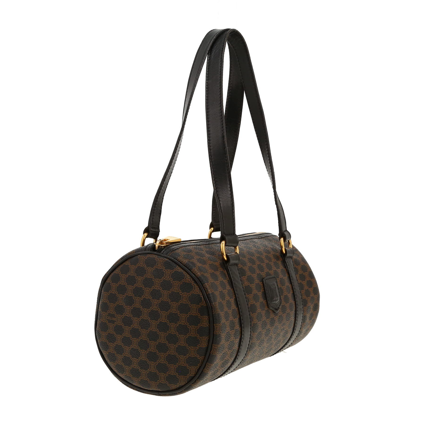 Bolso de mano Celine   en tejido "Triomphe" marrón y negro y cuero negro
