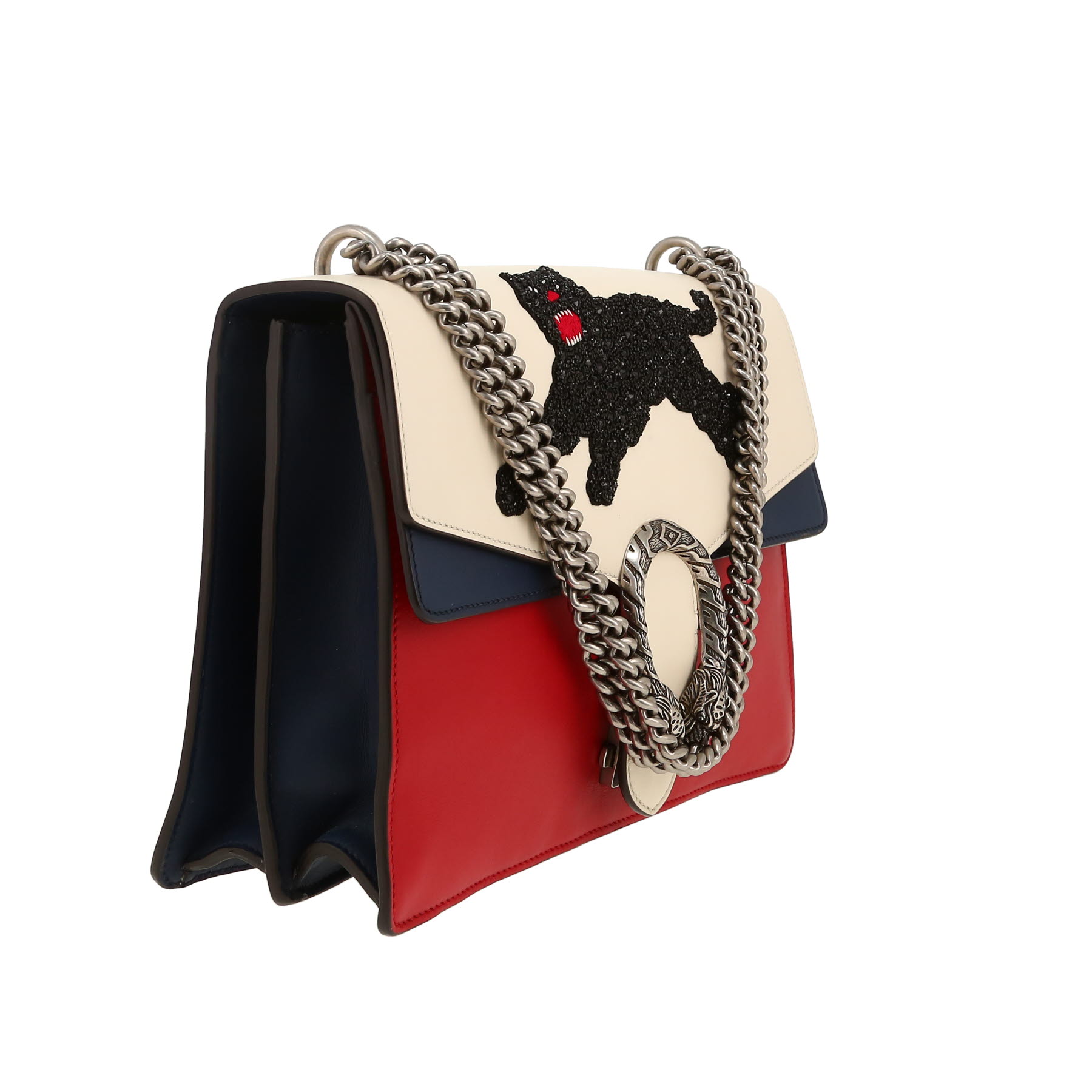 Gucci  Dionysus bag worn on the shoulder or carried in the hand  in tricolor, white, blue and red leather
