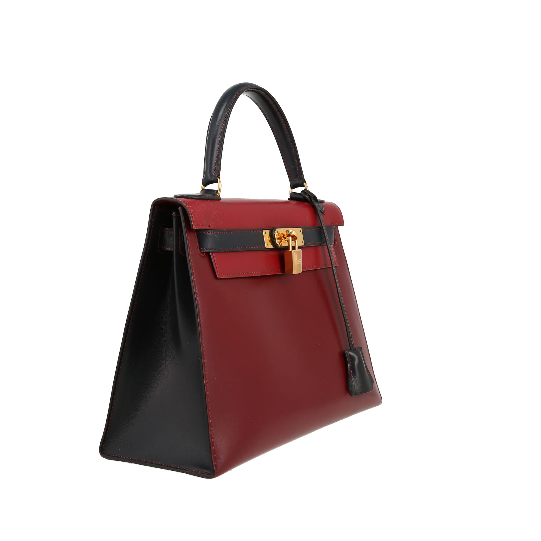 Bolso de mano Hermès  Kelly 28 cm en cuero box rojo color burdeos y azul marino