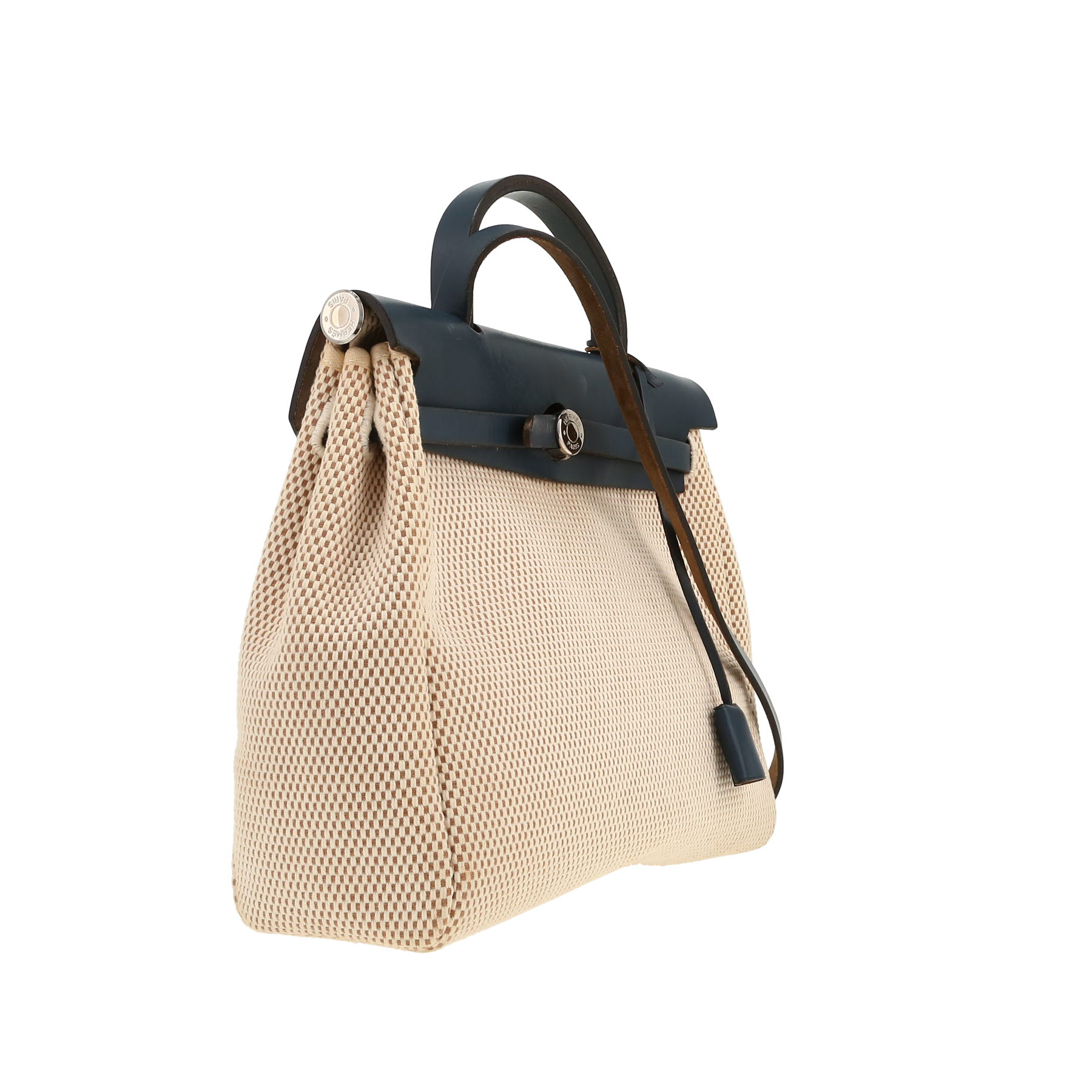 Hermès  Herbag bag worn on the shoulder or carried in the hand  in beige canvas  and navy blue leather