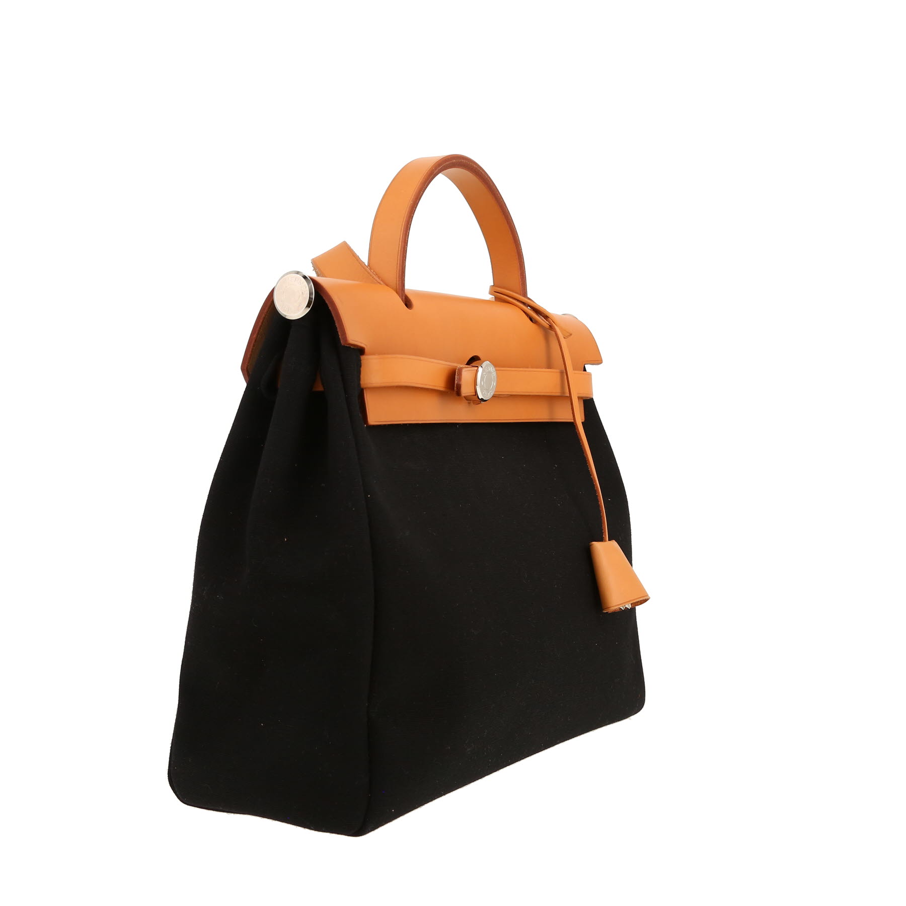 Bolso Hermès «Herbag» de lona negra y piel natural, para llevar al hombro o en la mano