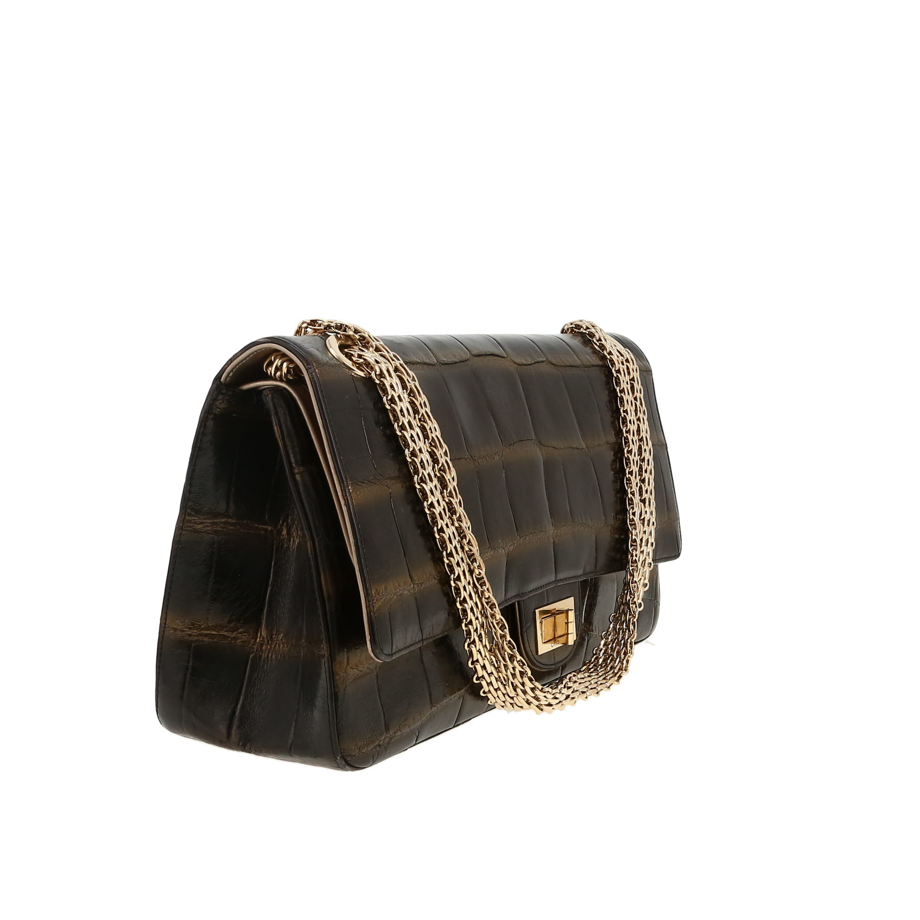 Chanel  2.55 large model  shoulder bag  in black and gold crocodile