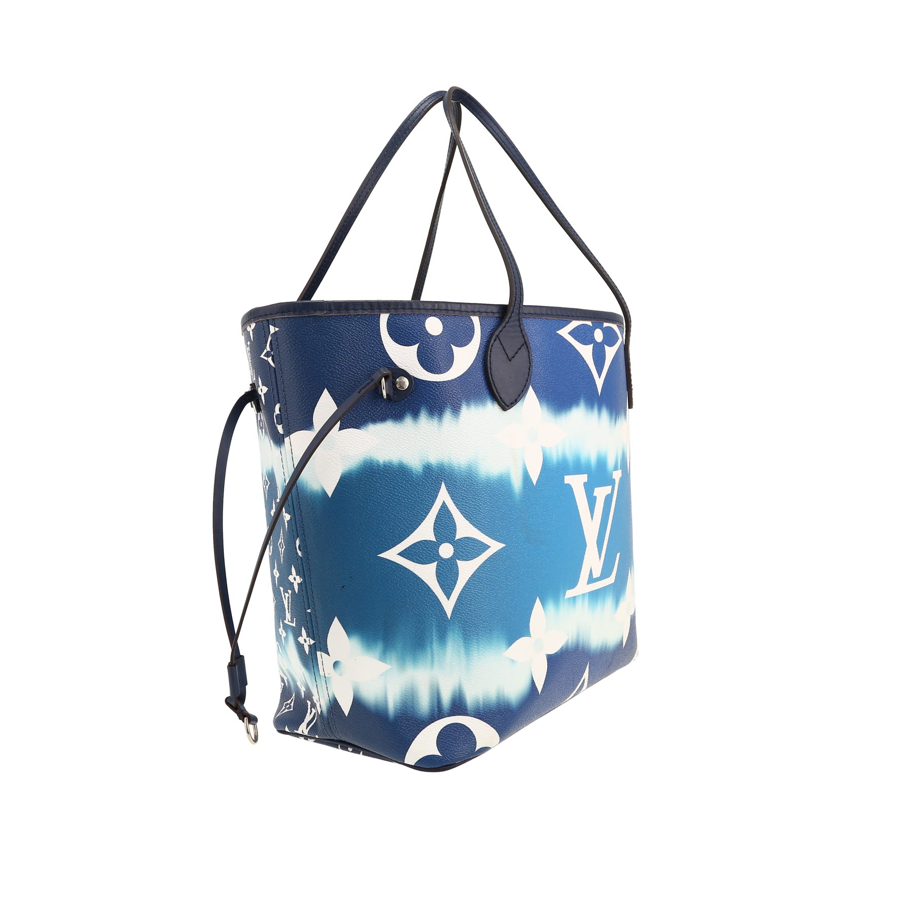 Sac cabas Louis Vuitton  Neverfull Editions Limitées moyen modèle  en toile monogram bleue et blanche et cuir bleu-marine