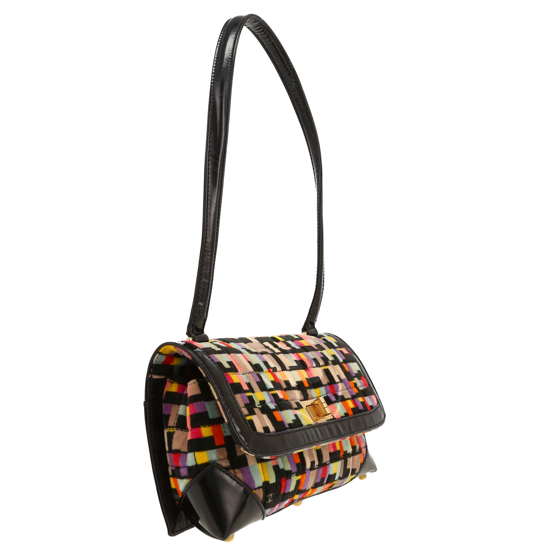 Sac à main Chanel  Vintage en toile matelassée multicolore et cuir verni noir