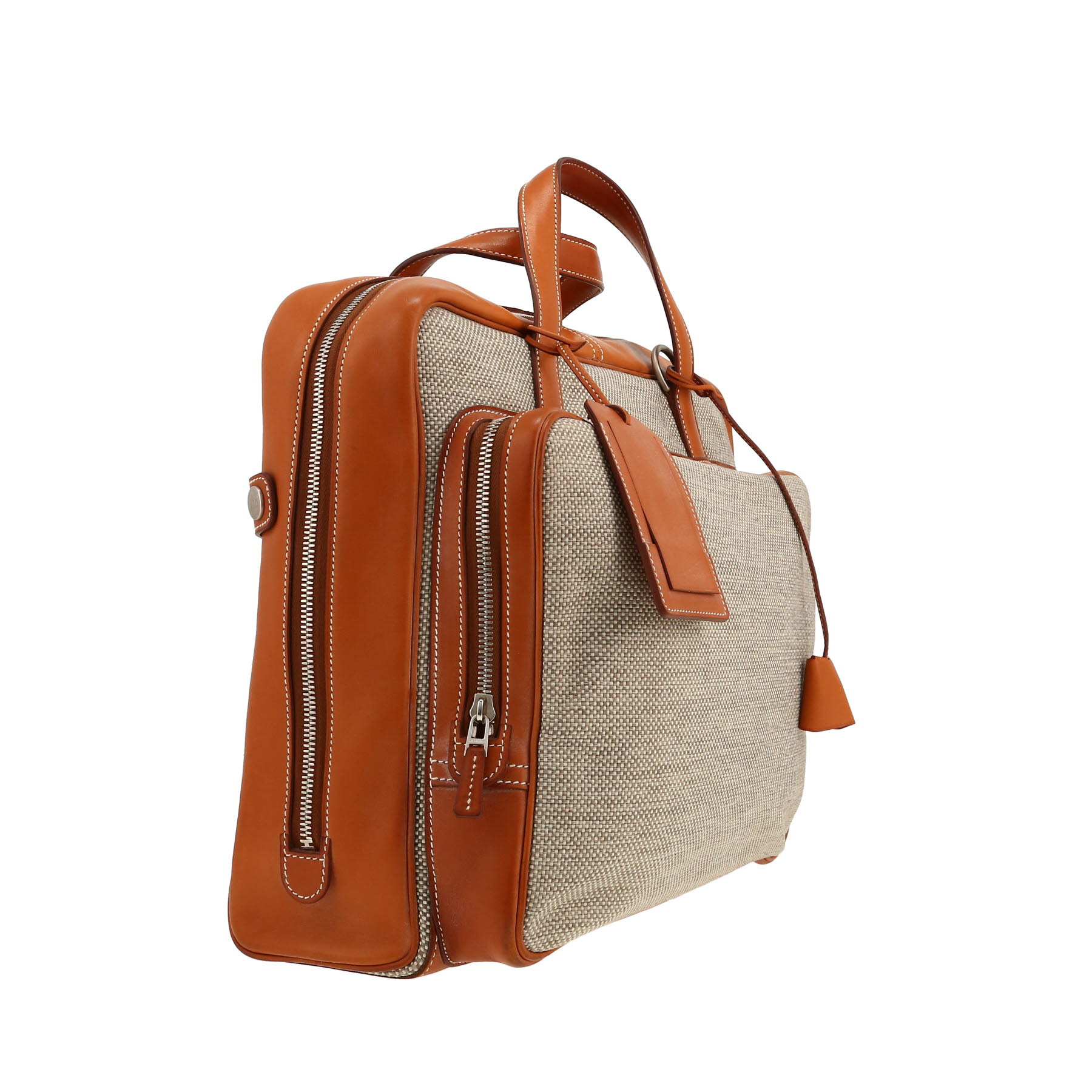 Borsa portadocumenti Hermès  Calèche-Express in tela "H" beige e pelle Barenia gold