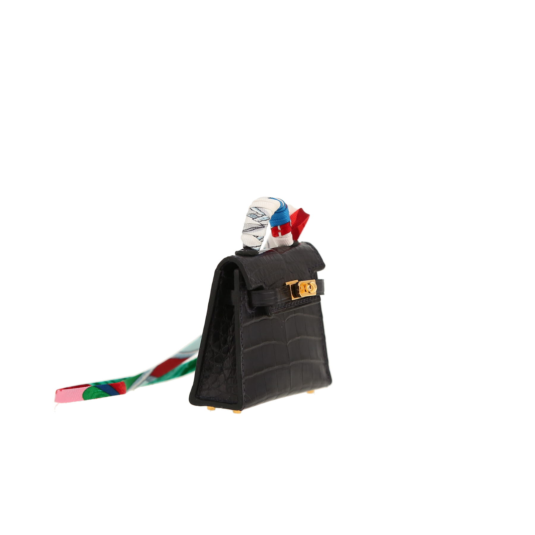 Hermès  Kelly Twilly bag charm key-ring  in black alligator  and multicolor satin