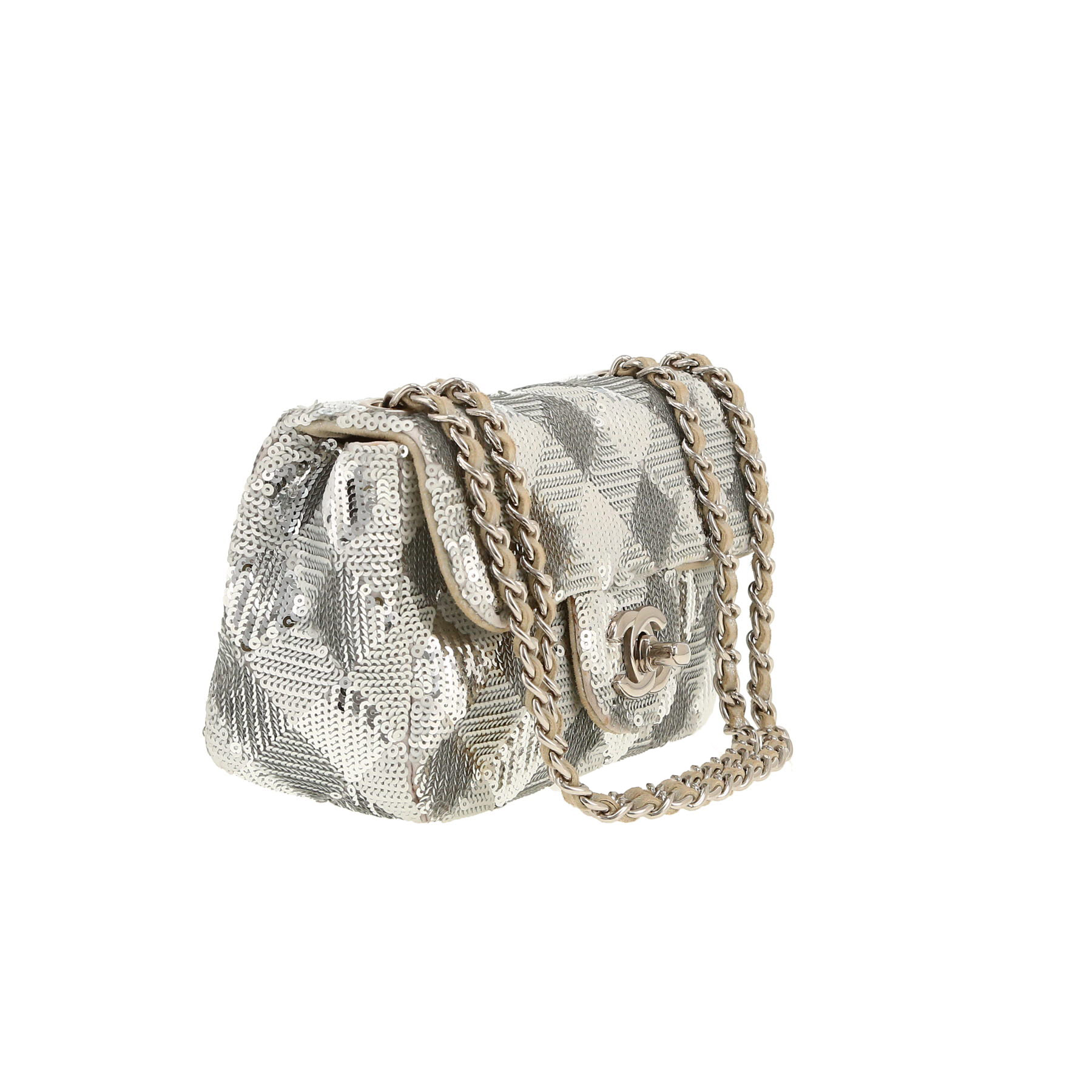 Chanel  Mini Timeless shoulder bag  in silver leather  and silver paillette