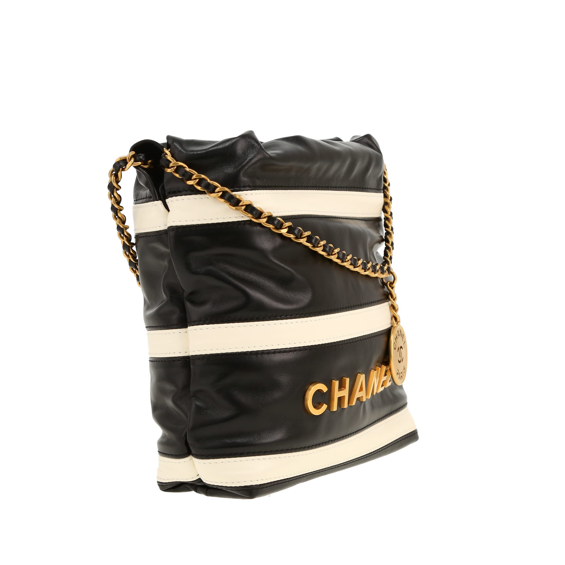 Sac bandoulière Chanel  22 mini  en cuir noir et blanc
