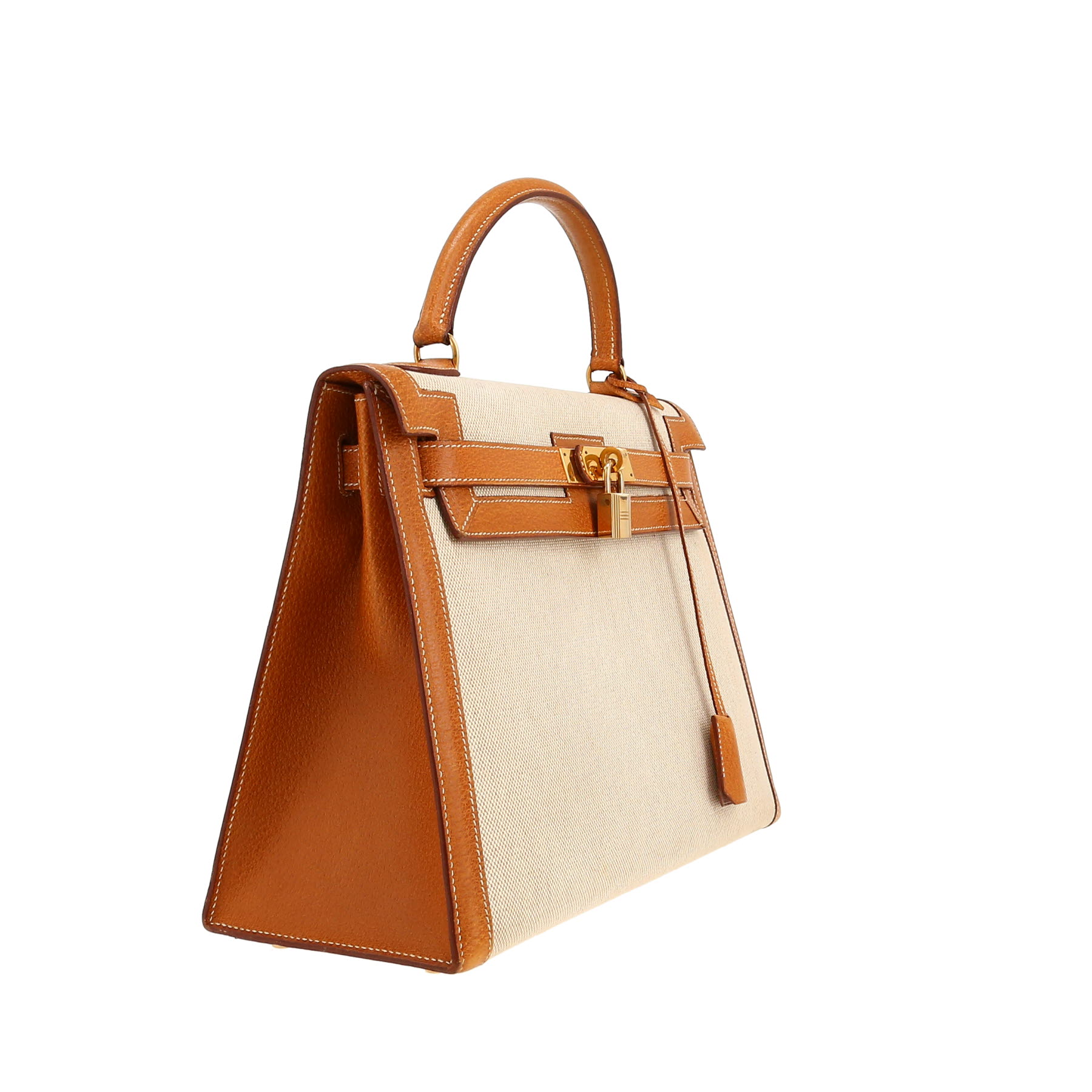 Bolso de mano Hermès  Kelly 32 cm en lona beige y cuero de Pecarí color oro