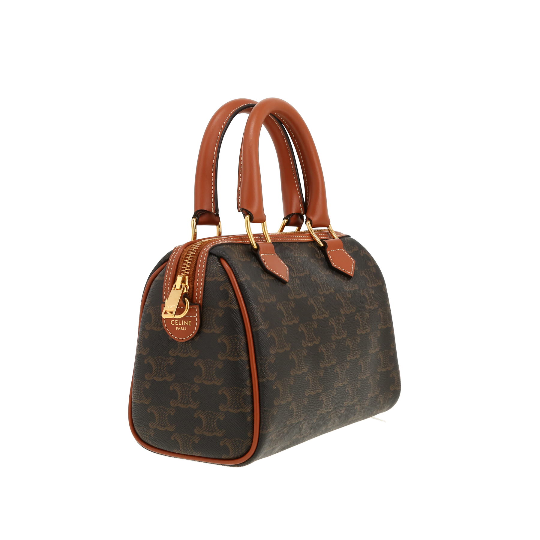 Bolso de mano Celine  Boston modelo pequeño  en tejido "Triomphe" y cuero marrón