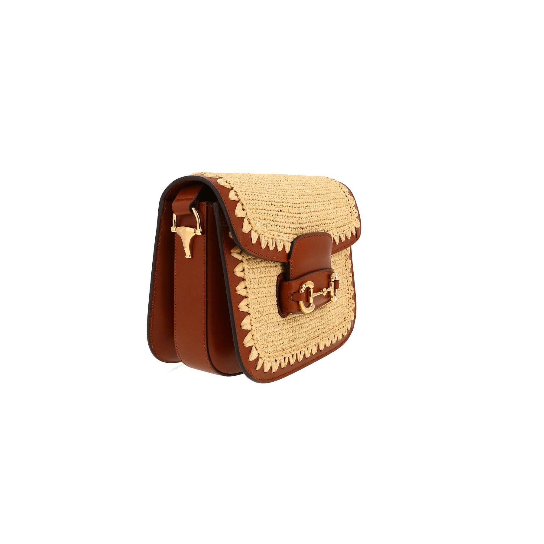 Gucci  1955 Horsebit shoulder bag  in brown leather  and beige raphia
