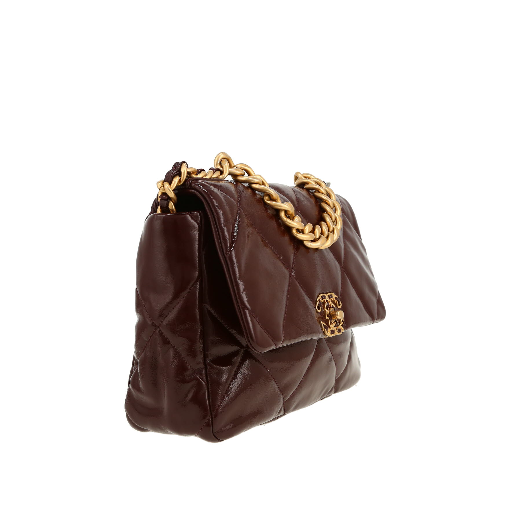 Chanel  19 shoulder bag  in burgundy patent quilted leather