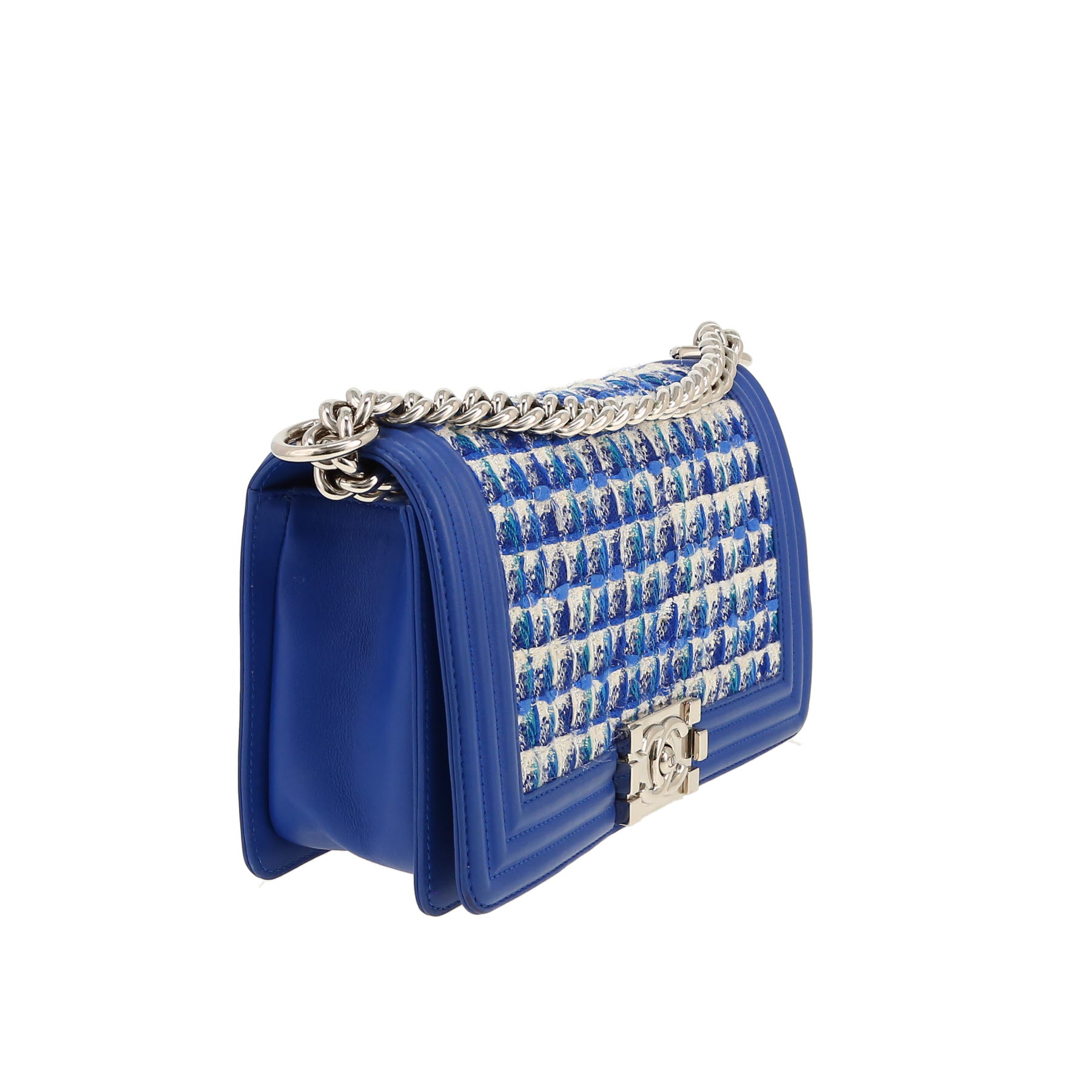 Chanel  Boy shoulder bag  in blue and white tweed  and blue leather