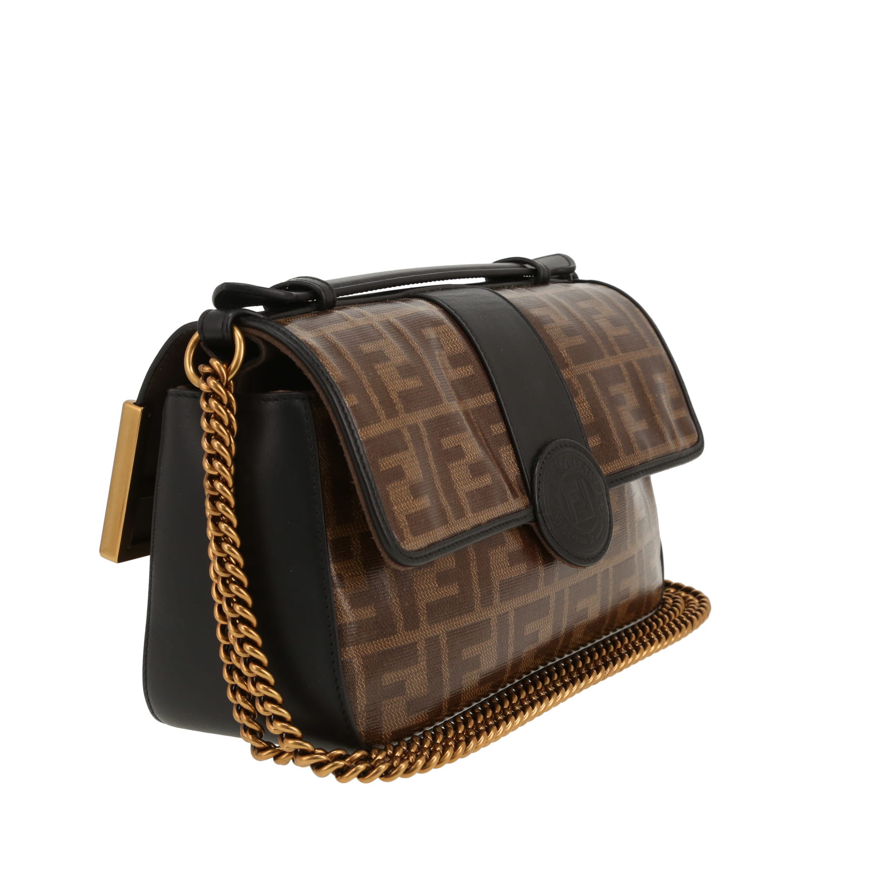 Fendi   shoulder bag  in black leather  and brown logo canvas