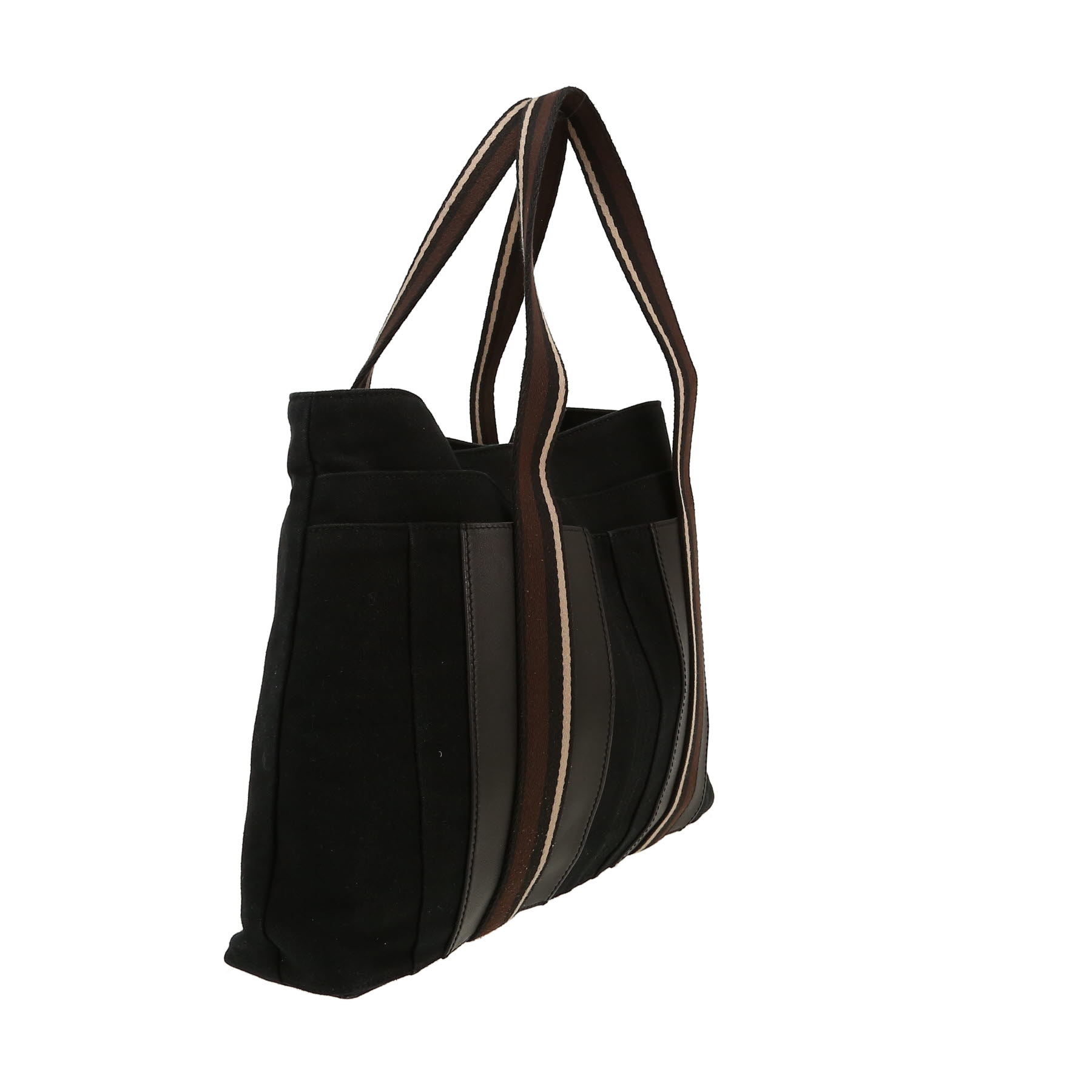 Sac cabas Hermès  Toto Bag - Shop Bag en toile et cuir noire marron et beige