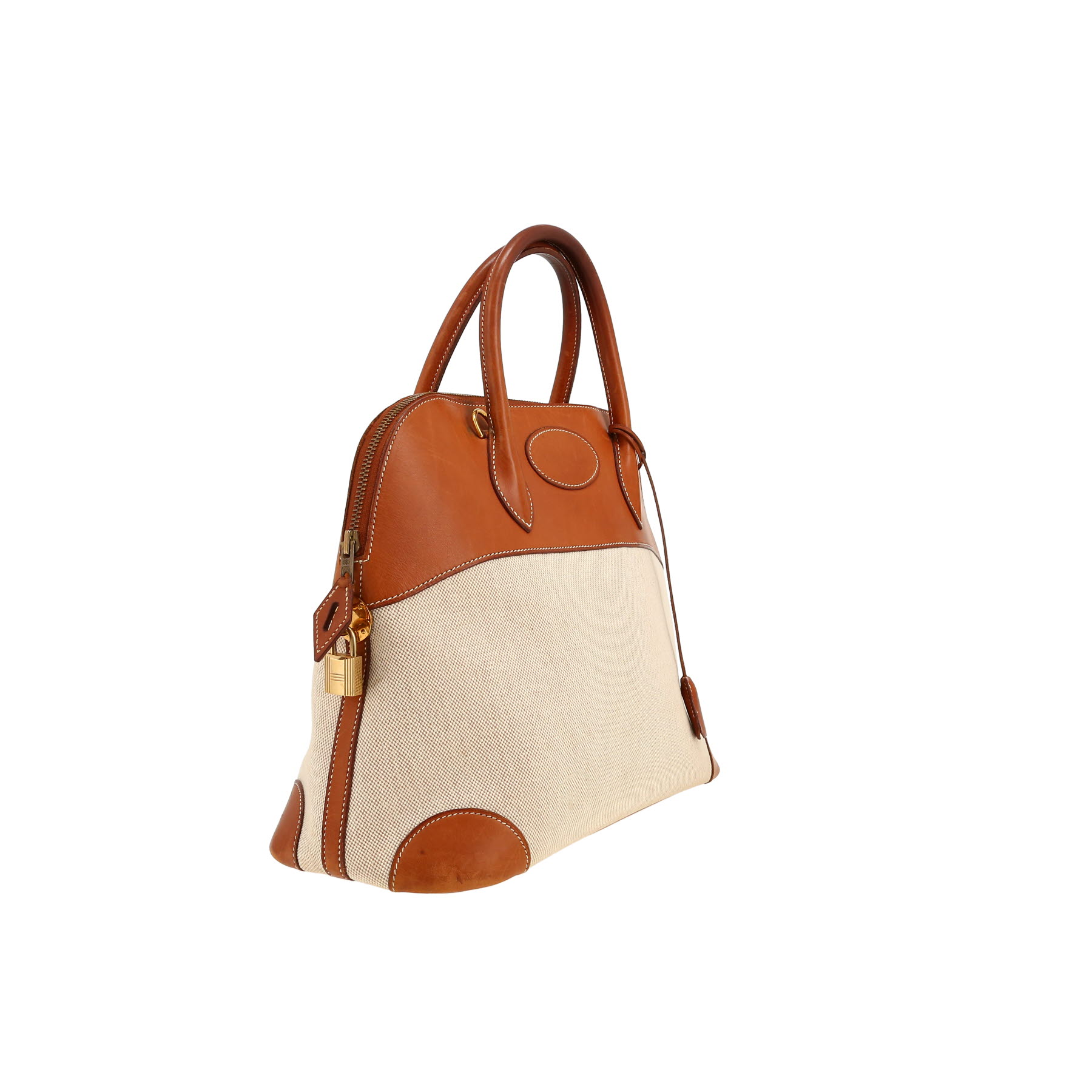 Hermès  Bolide 35 cm handbag  in fawn Barenia leather  and beige canvas