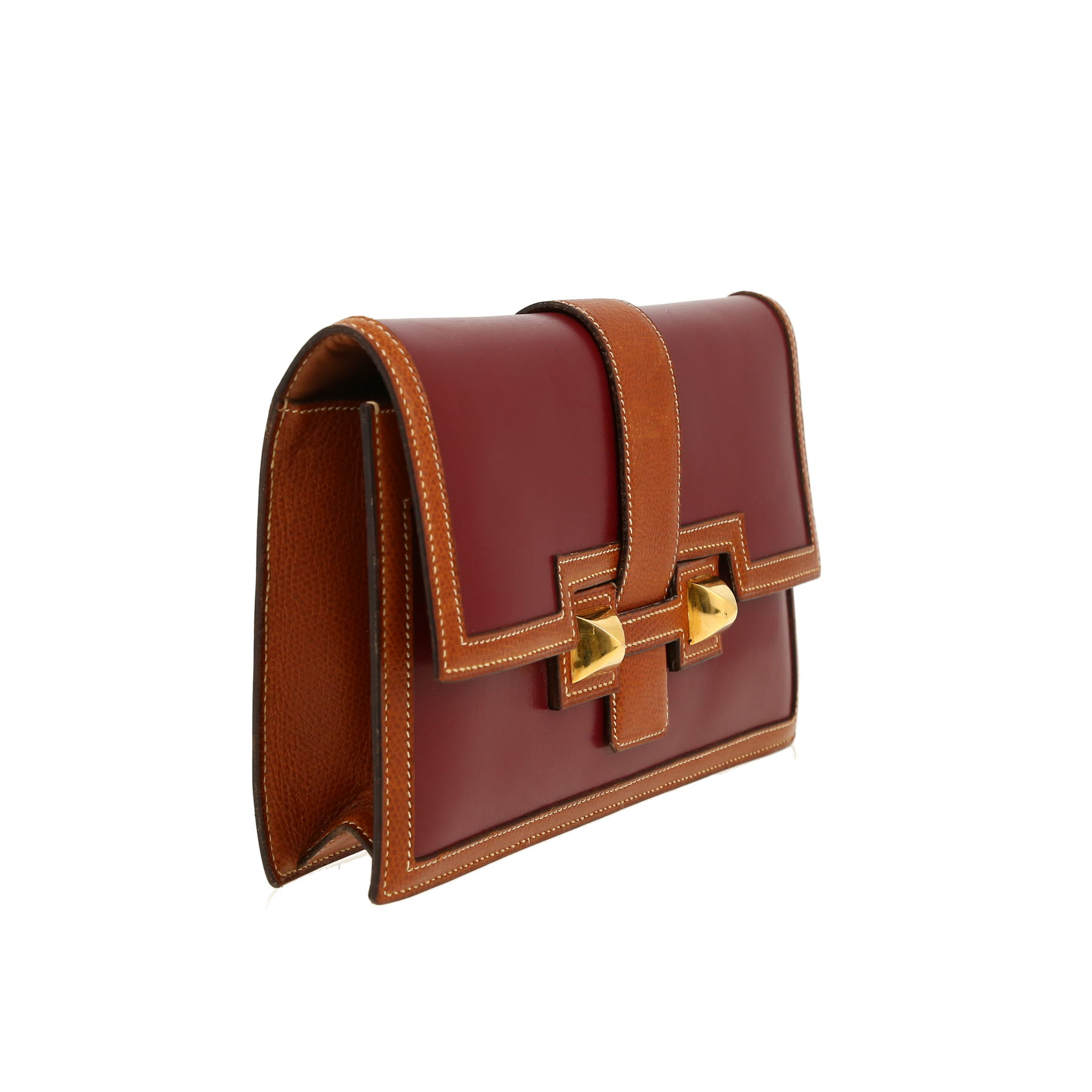 Pochette Hermès  Médor en cuir box bordeaux et cuir Courchevel gold