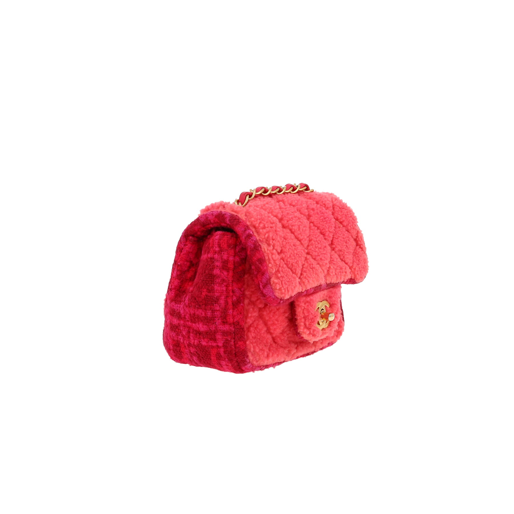 Bolso de mano Chanel  Mini Carré en tweed rosa y rojo y piel con lana rosa