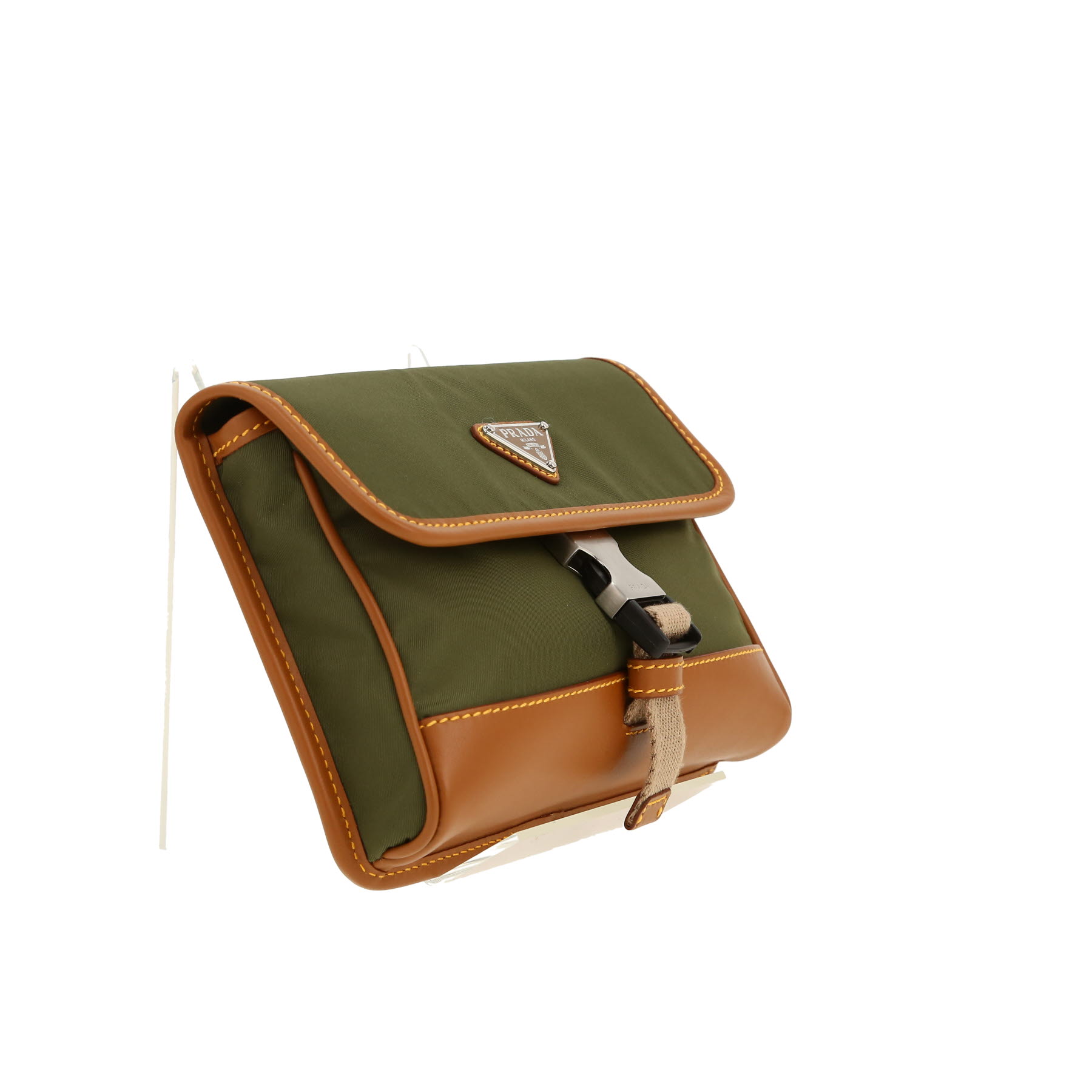 Prada  Re-nylon shoulder bag  in khaki canvas  and brown leather