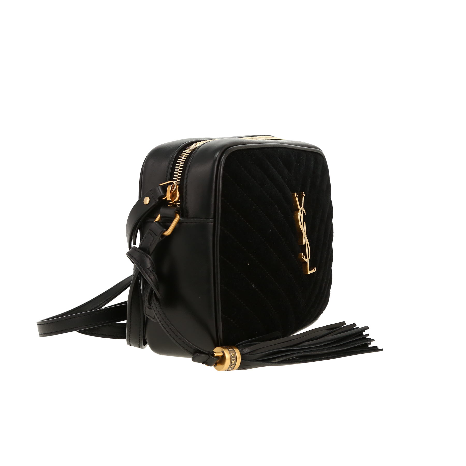 Saint Laurent  Lou Sac Caméra shoulder bag  in black Veau velours  and black leather