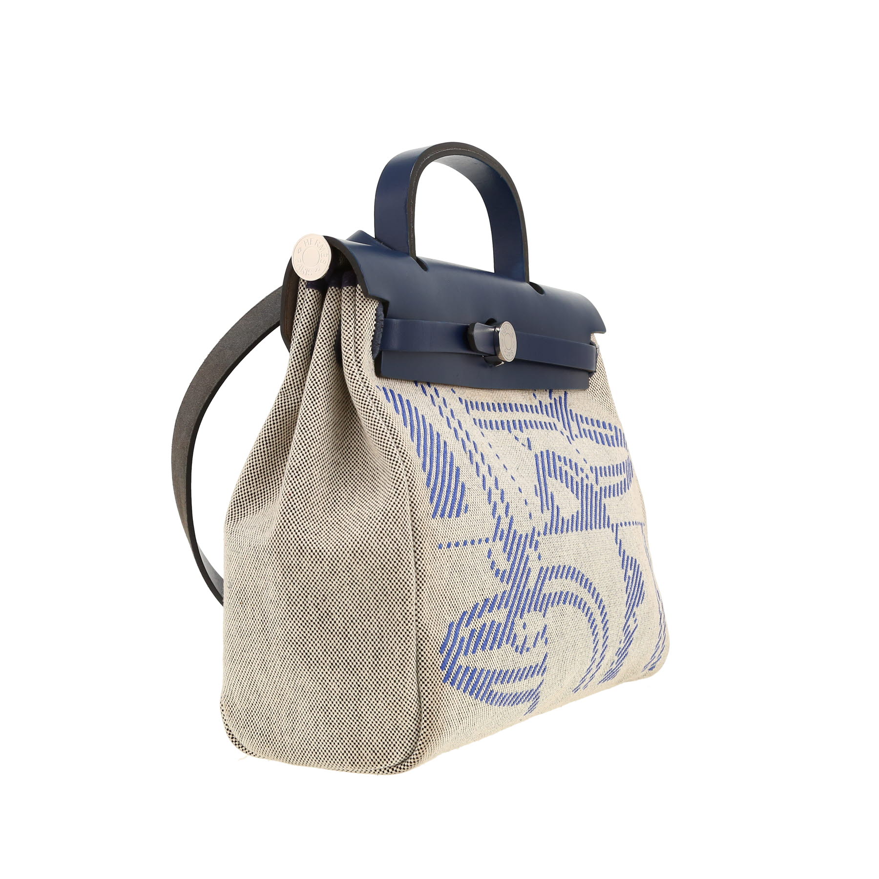Bolso para llevar al hombro o en la mano Hermès  Herbag en lona gris y cuero azul marino