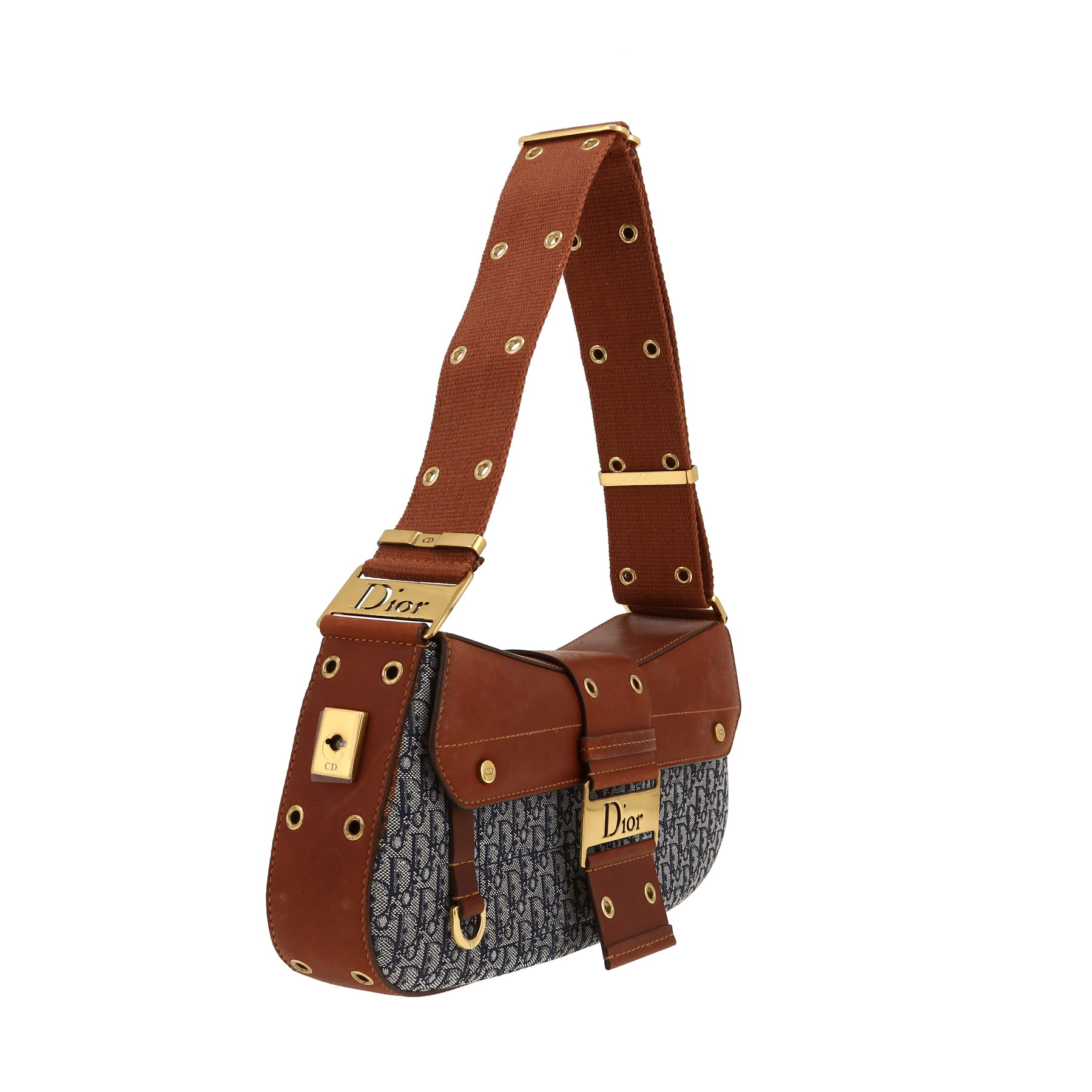 Bolso de mano Dior  Colombus en cuero marrón y lona Monogram Oblique azul marino